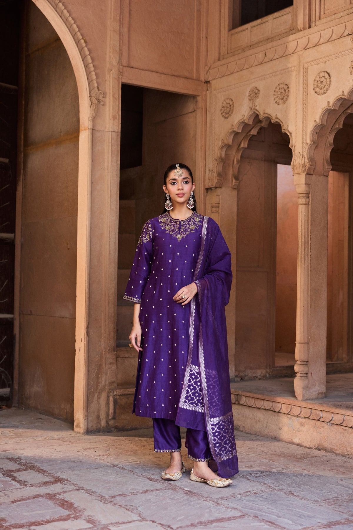 RUKMINI BANARASI CHANDERI JACQUARD HANDCRAFTED PURPLE STRAIGHT KURTA SET