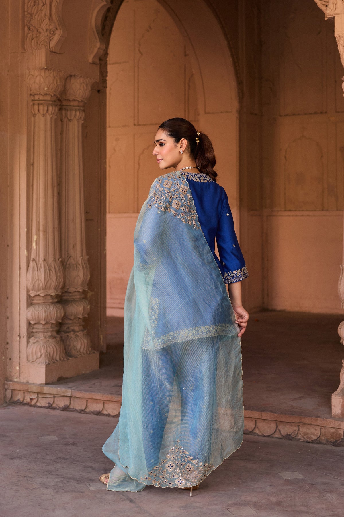 REET SILK CHANDERI HANDCRAFTED ROYAL BLUE KURTA SET WITH FARSHI SALWAR