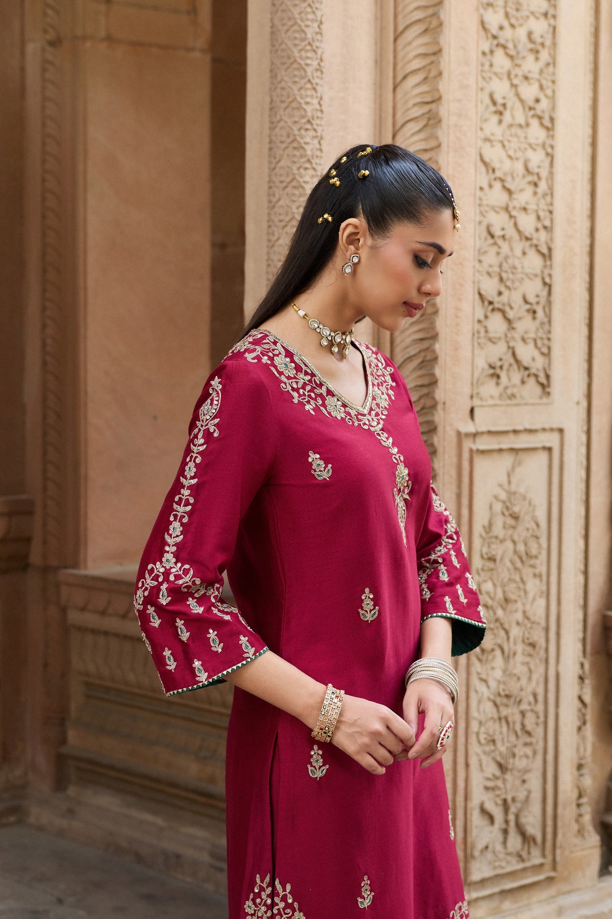 ASMI SILK CHANDERI HANDCRAFTED RED STRAIGHT KURTA SET