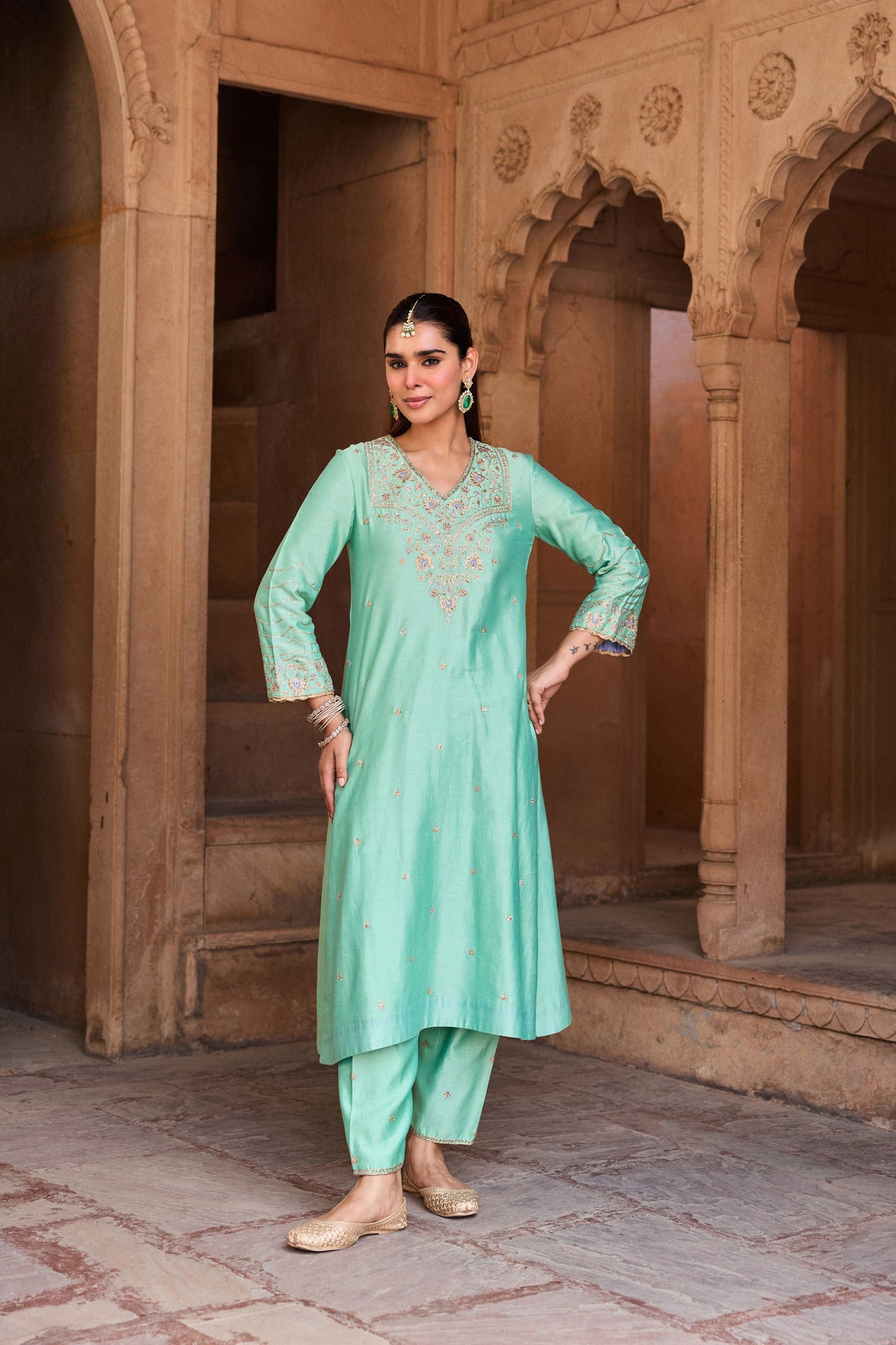 NANDINI SILK CHANDERI HANDCRAFTED TURQUOISE  STRAIGHT KURTA SET