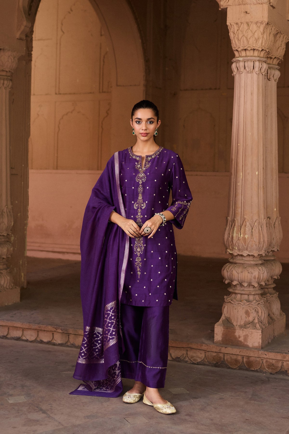 VEDA BANARASI CHANDERI JACQUARD HANDCRAFTED  PURPLE STRAIGHT KURTA SET