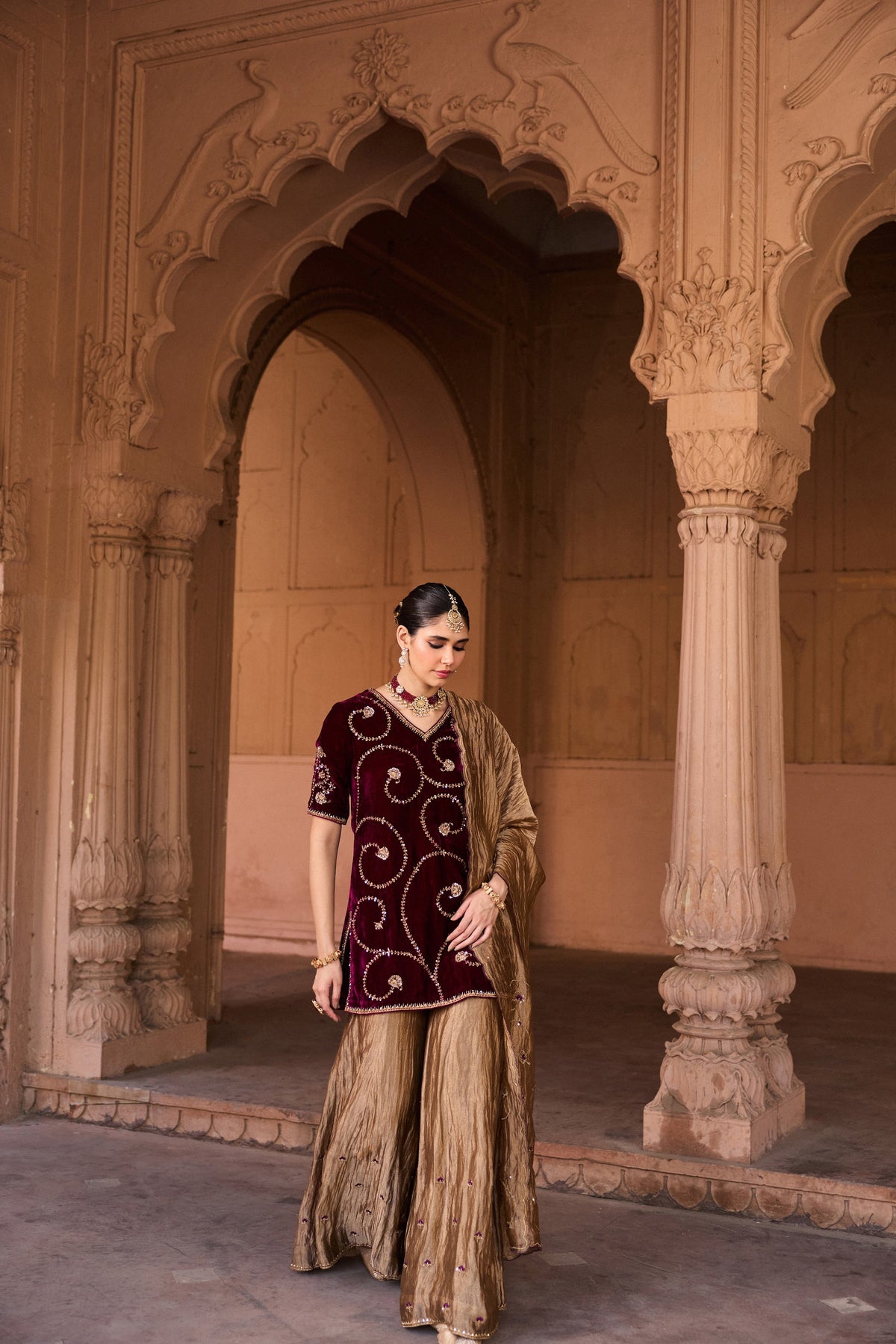 MALLIKA SILK VELVET HANDCRAFTED PLUM KURTA SET WITH SILK TISSUE GHARARA