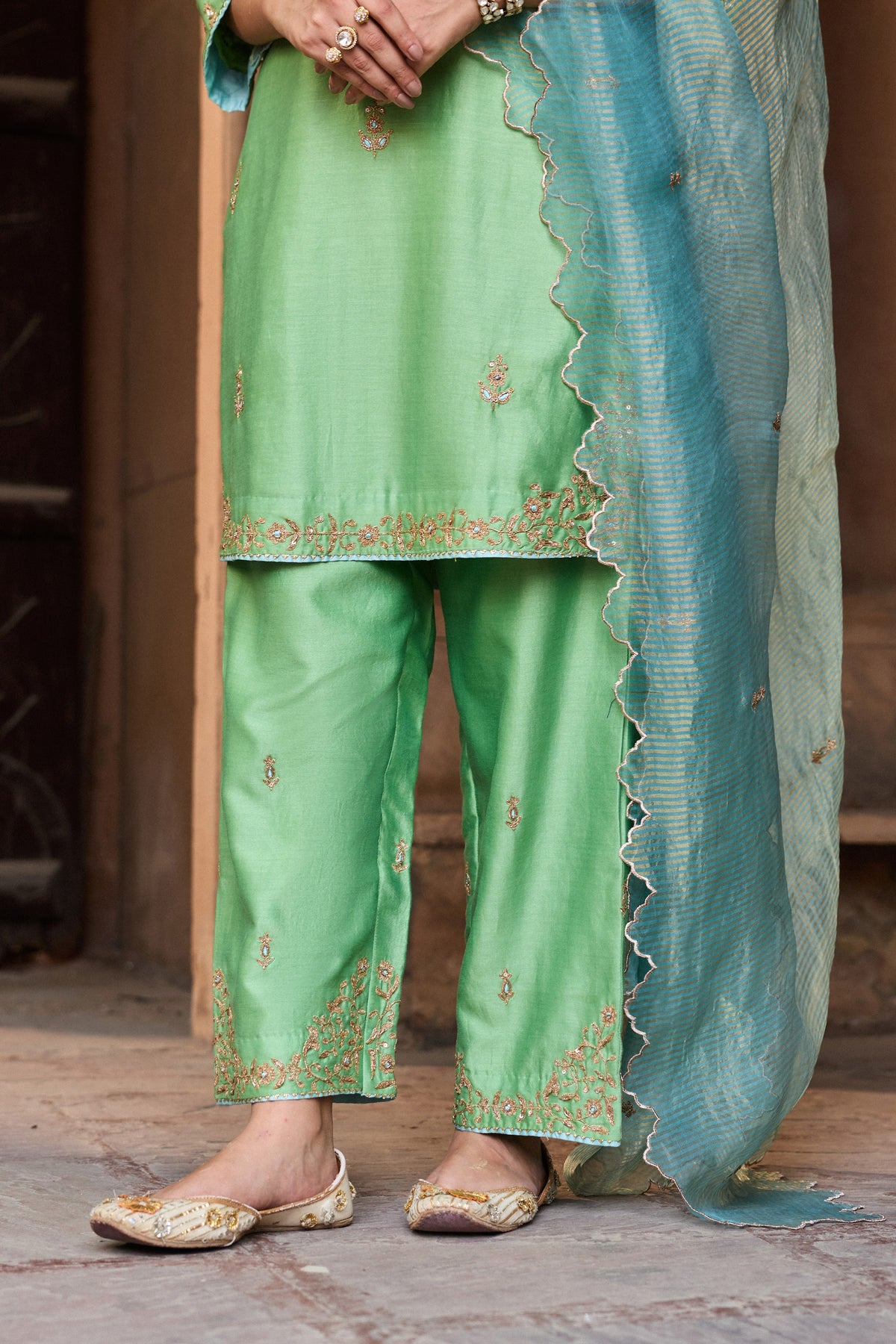 ASMI SILK CHANDERI HANDCRAFTED GREEN STRAIGHT KURTA SET
