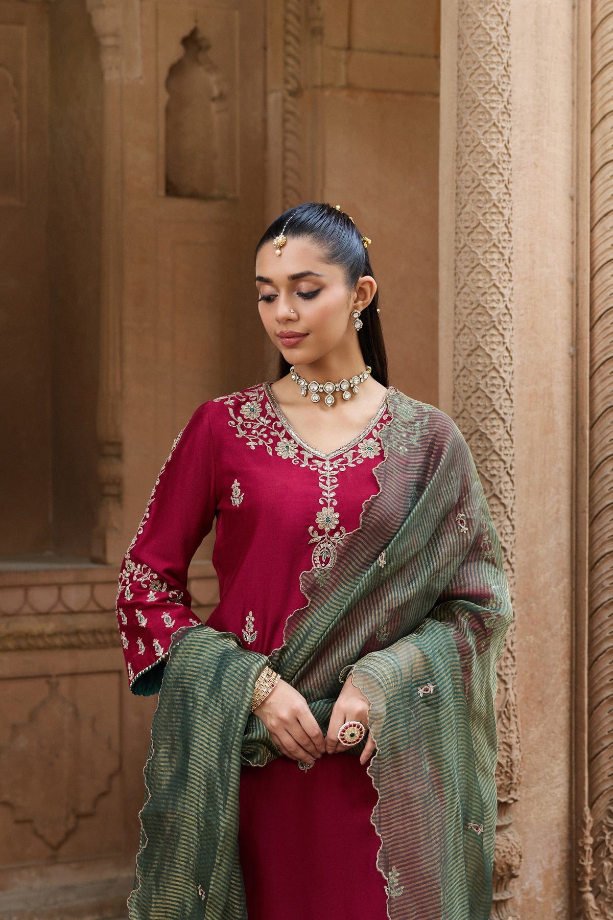 ASMI SILK CHANDERI HANDCRAFTED RED STRAIGHT KURTA SET
