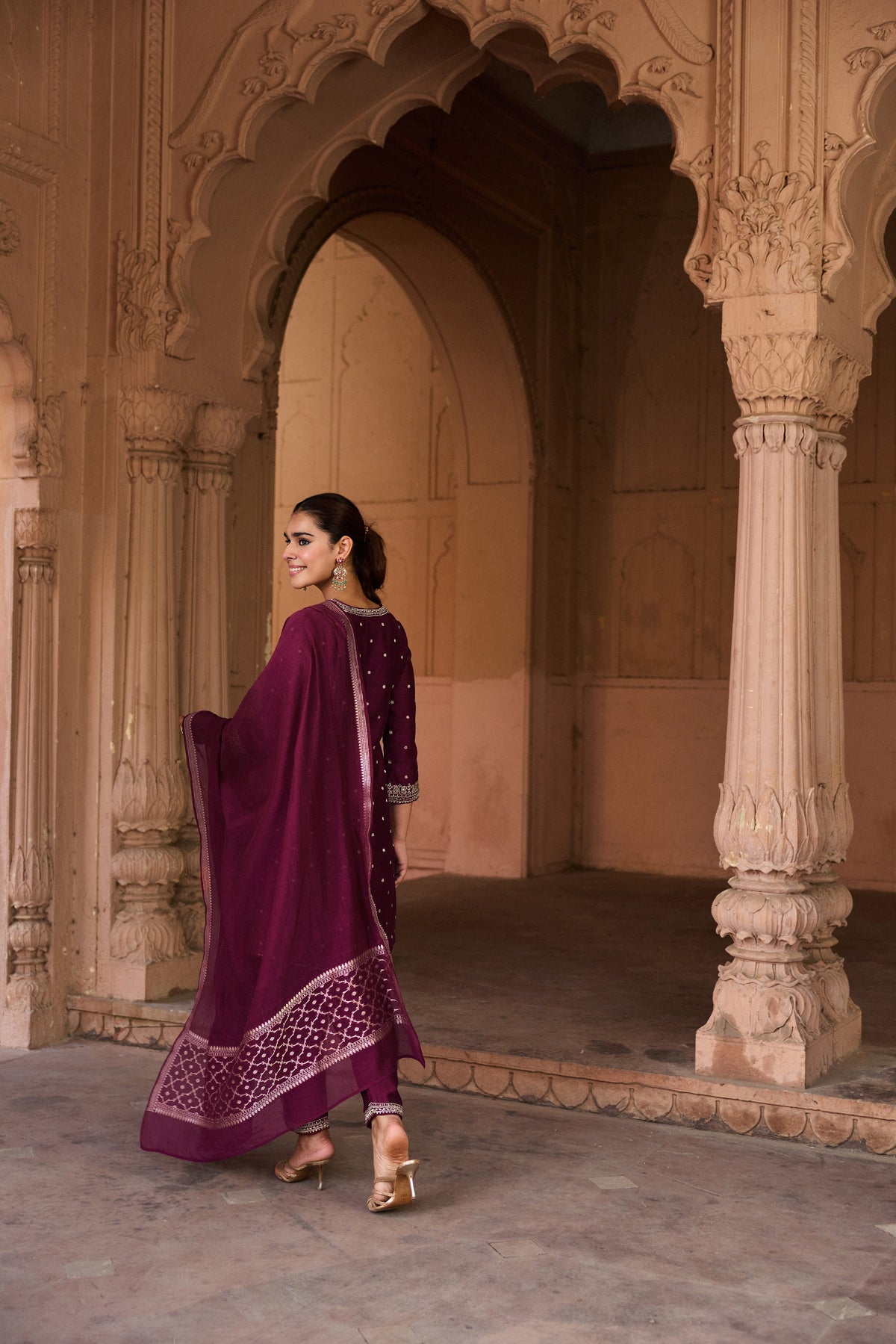 GAUHAR BANARASI SILK CHANDERI JACQUARD HANDCRAFTED MAROON A-LINE KURTA SET
