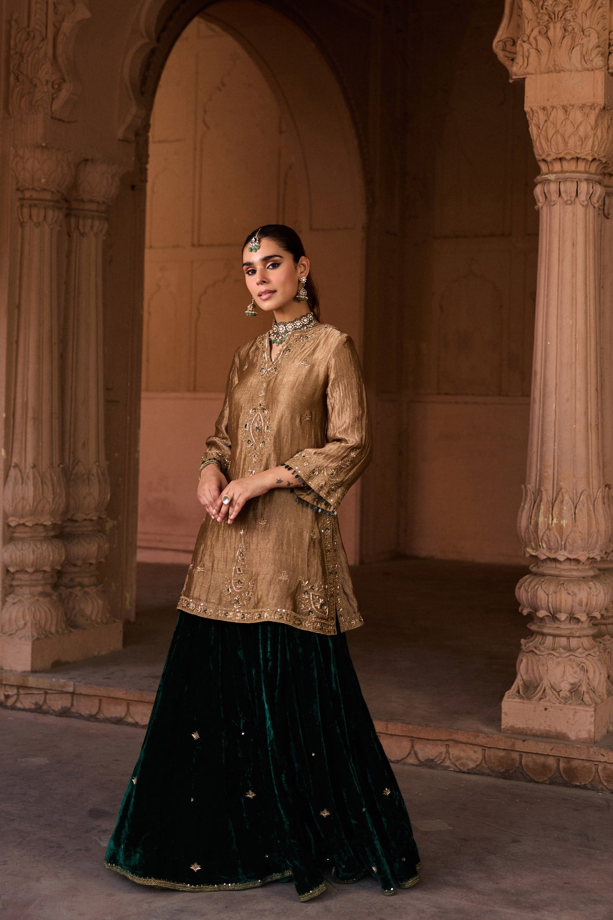 SHABANA SILK TISSUE HANDCRAFTED GOLD KURTA SET WITH SHARARA