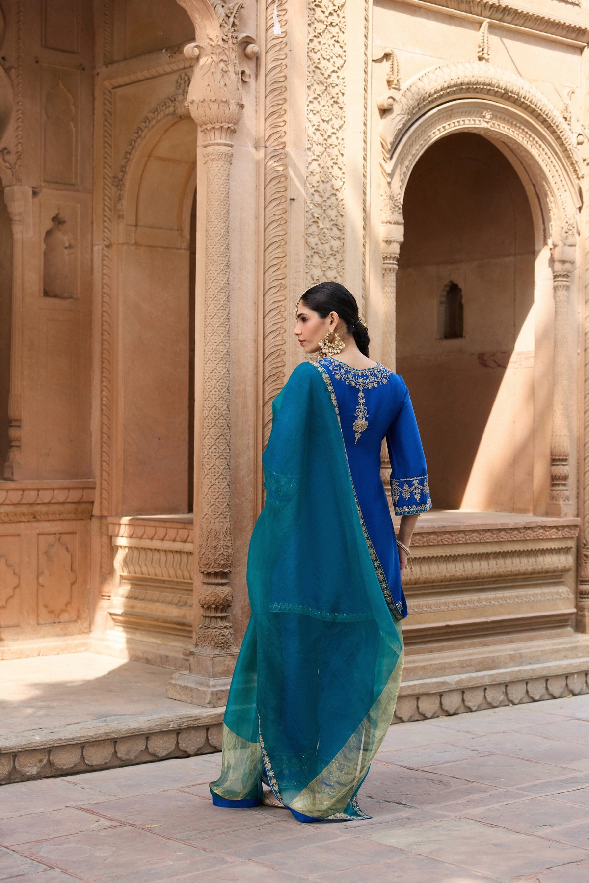 MEHRUNISA PURE SILK HANDCRAFTED ROYAL BLUE KURTA SET WITH FARSHI SALWAR