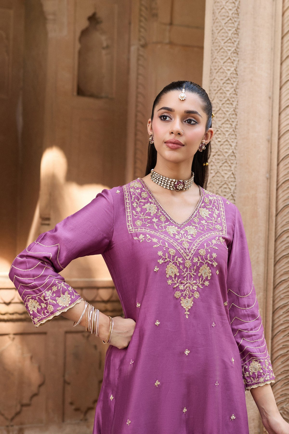 NANDINI SILK CHANDERI HANDCRAFTED MAUVE STRAIGHT KURTA SET