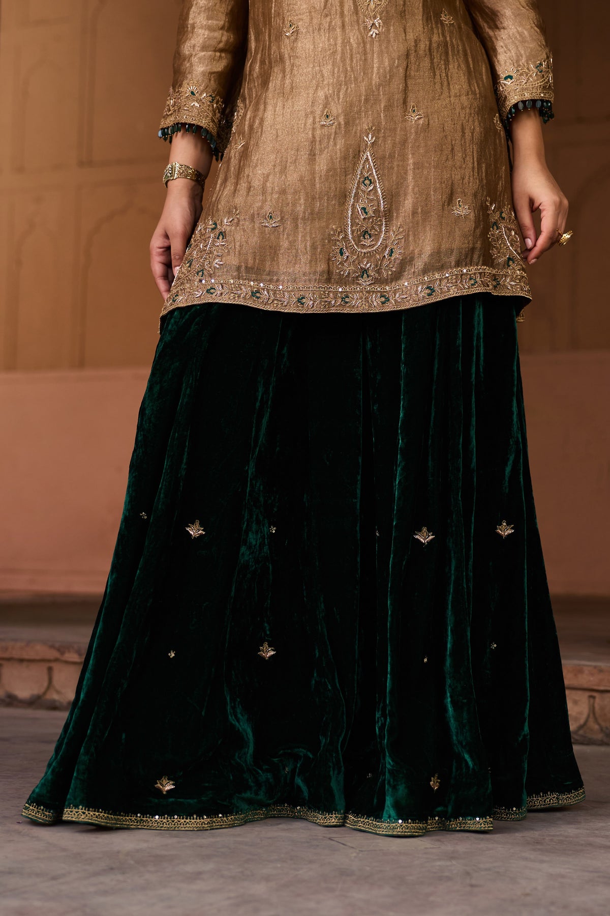 SHABANA SILK TISSUE HANDCRAFTED GOLD KURTA SET WITH SHARARA