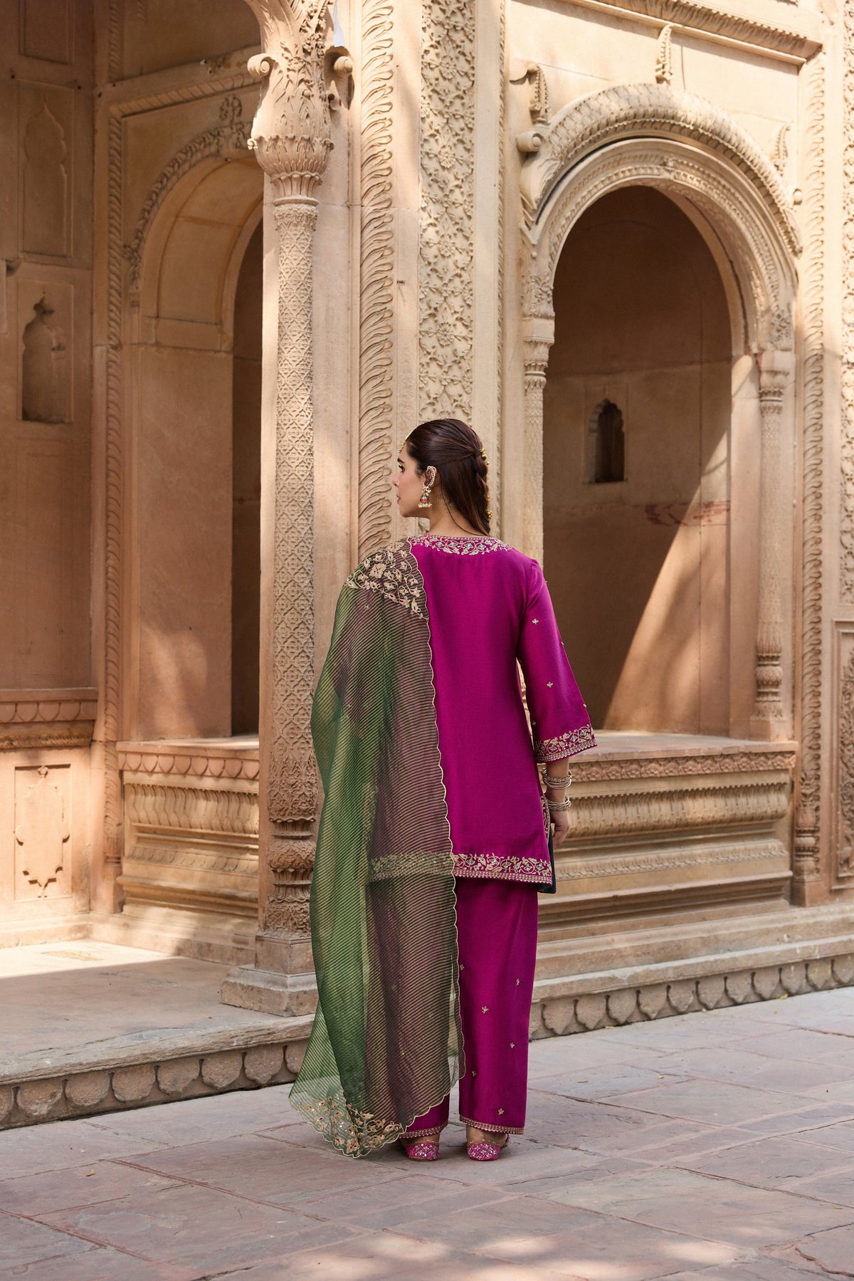 REET SILK CHANDERI HANDCRAFTED MAGENTA KURTA SET WITH FARSHI SALWAR