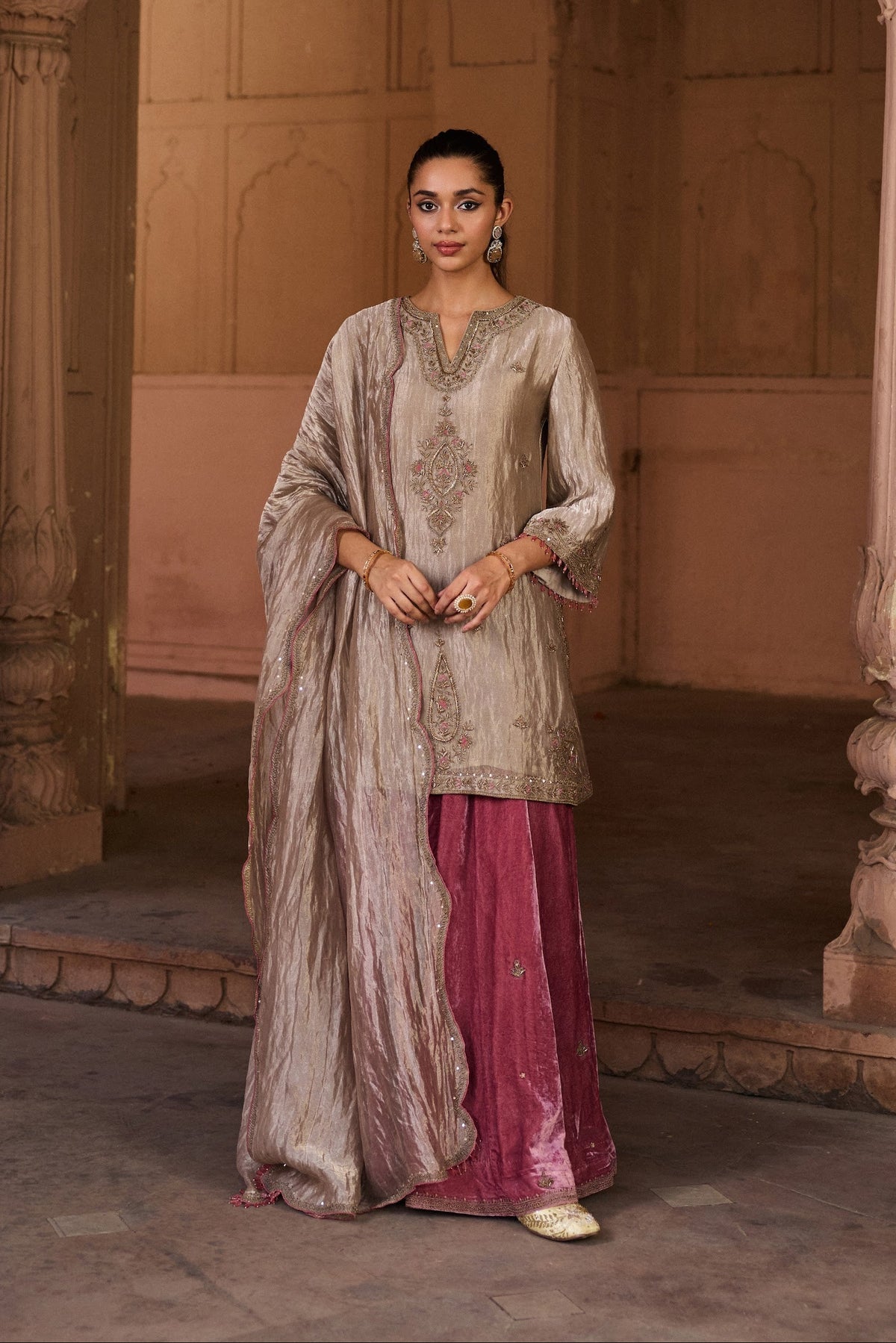SHABANA SILK TISSUE HANDCRAFTED SILVER KURTA SET WITH SHARARA