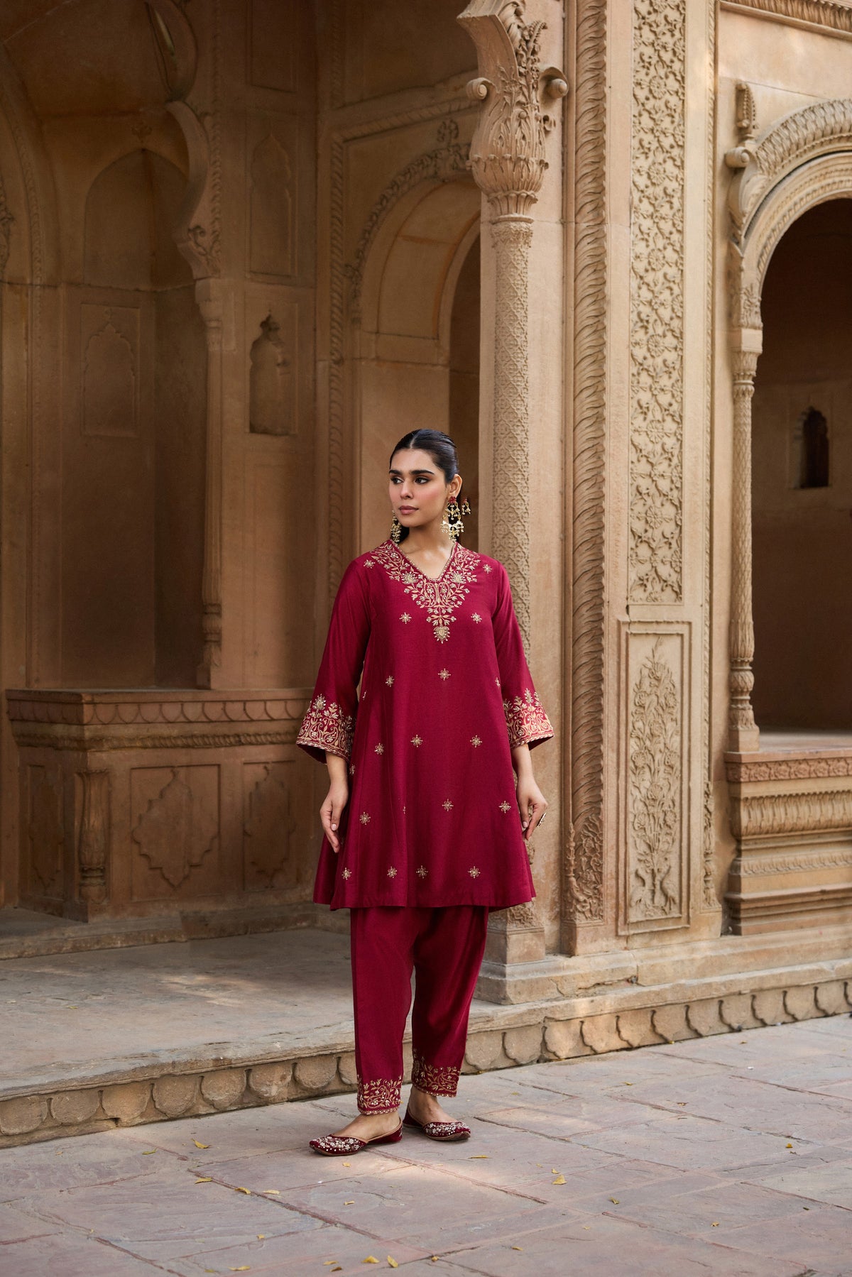 RAINA SILK CHANDERI HANDCRAFTED RED CHOGA SET