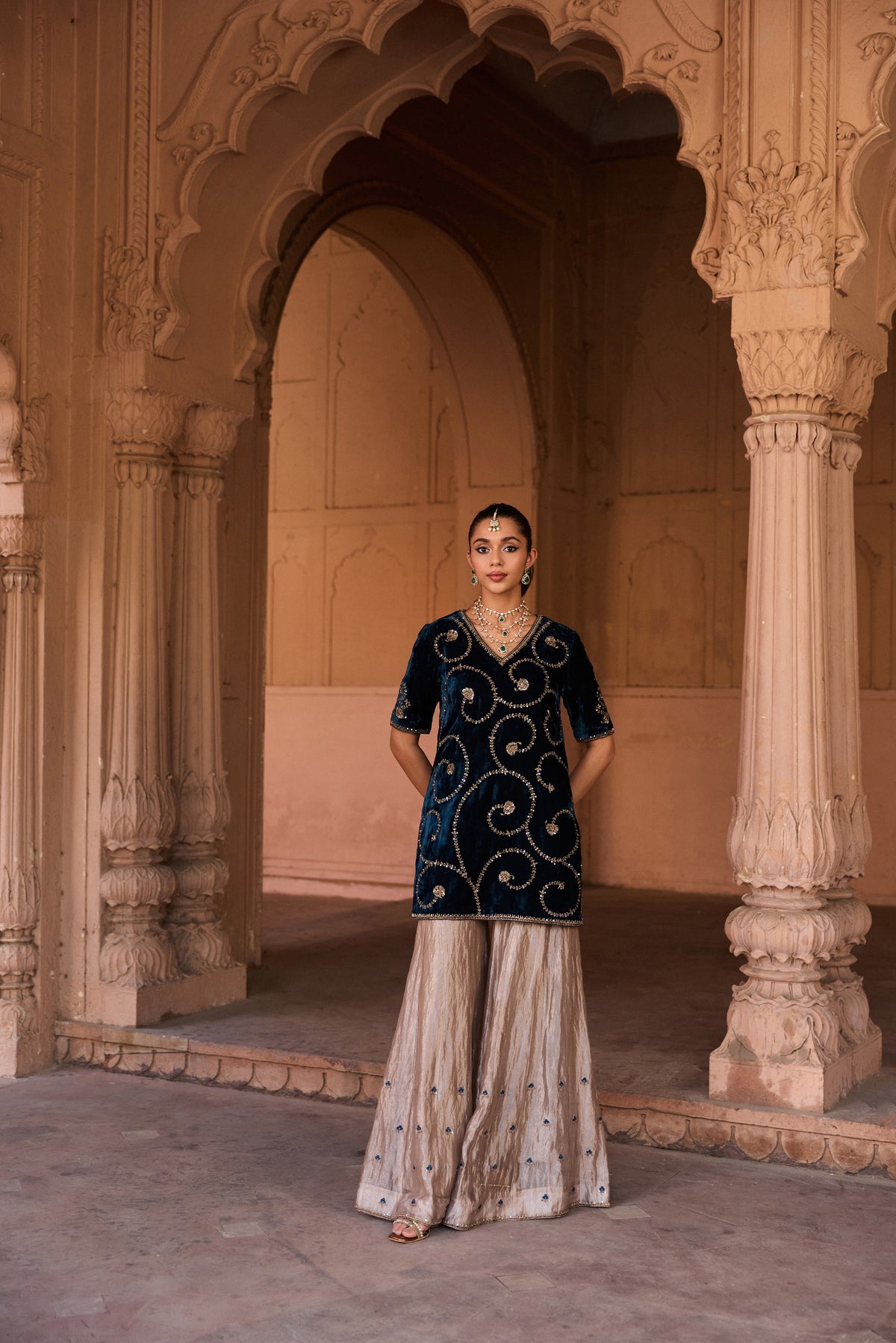 MALLIKA SILK VELVET HANDCRAFTED BLUE KURTA SET WITH SILK TISSUE GHARARA