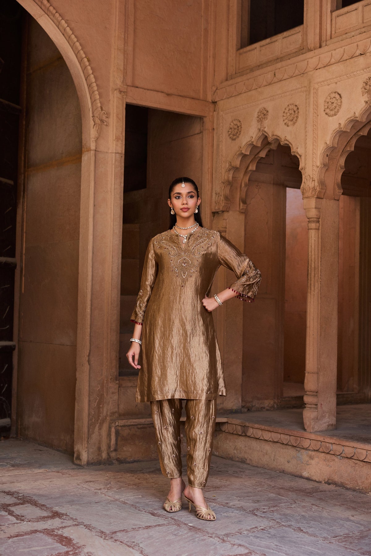 KHWAAB SILK TISSUE HANDCRAFTED GOLD A-LINE KURTA SET