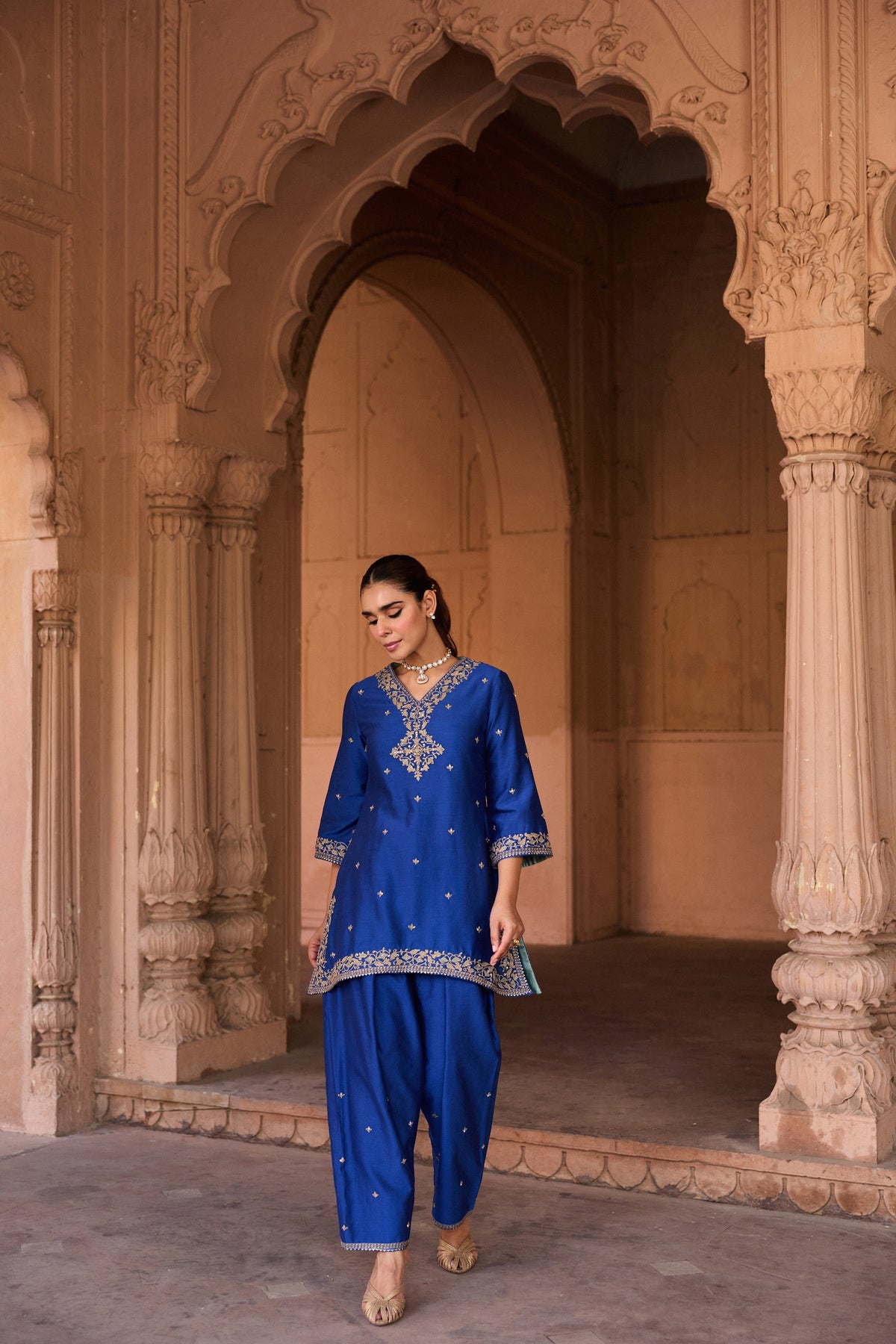 REET SILK CHANDERI HANDCRAFTED ROYAL BLUE KURTA SET WITH FARSHI SALWAR