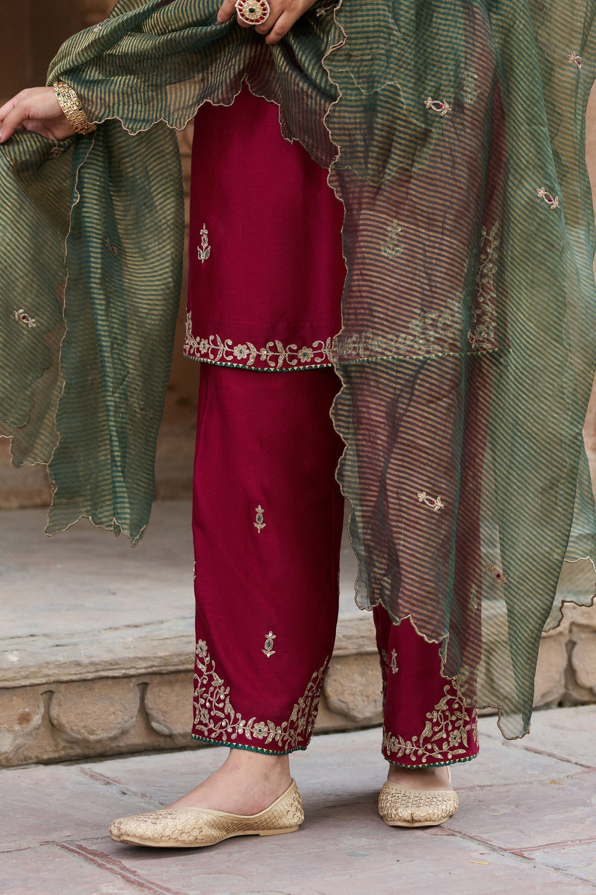 ASMI SILK CHANDERI HANDCRAFTED RED STRAIGHT KURTA SET