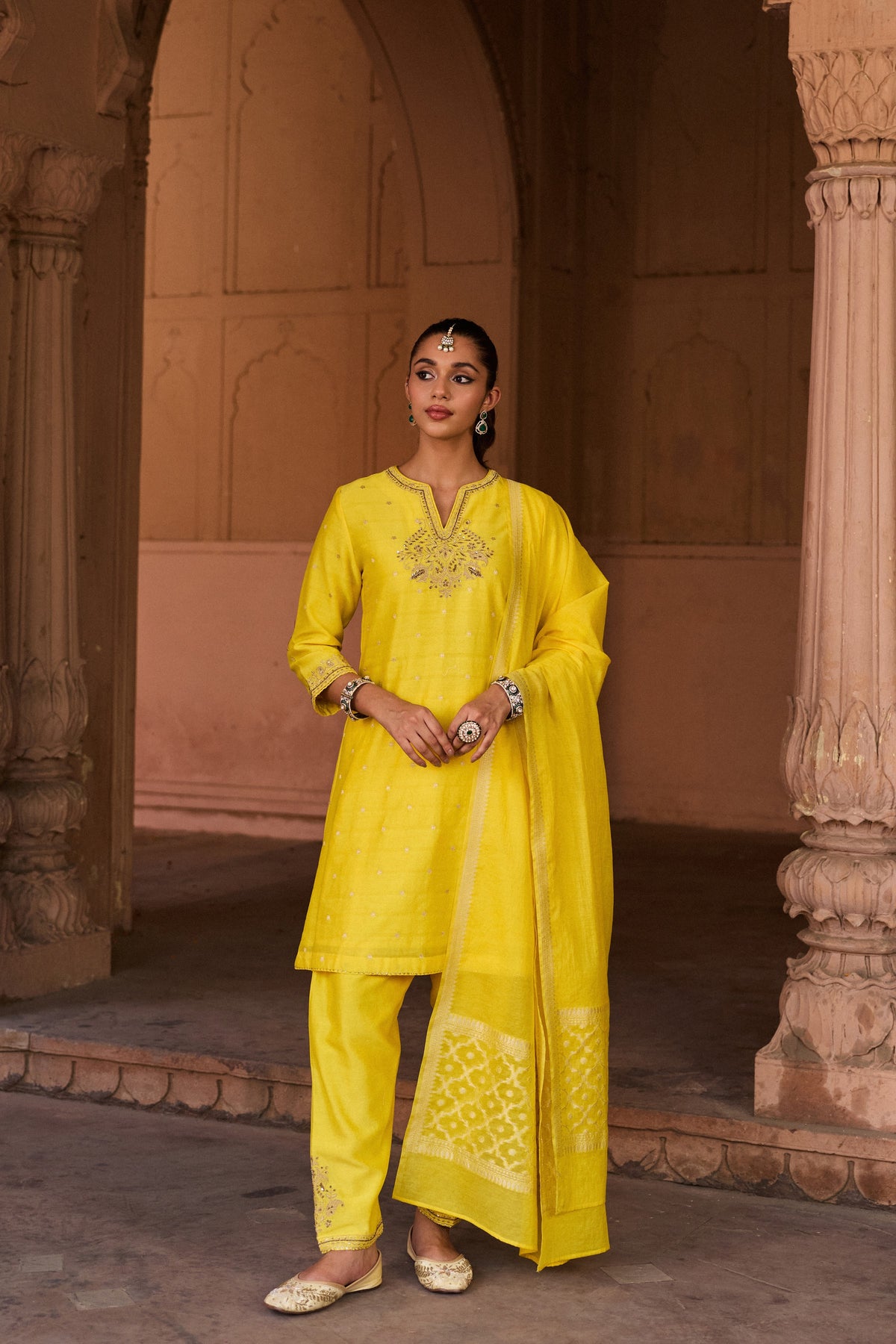 GAUHAR BANARASI SILK CHANDERI JACQUARD HANDCRAFTED   YELLOW A-LINE KURTA SET