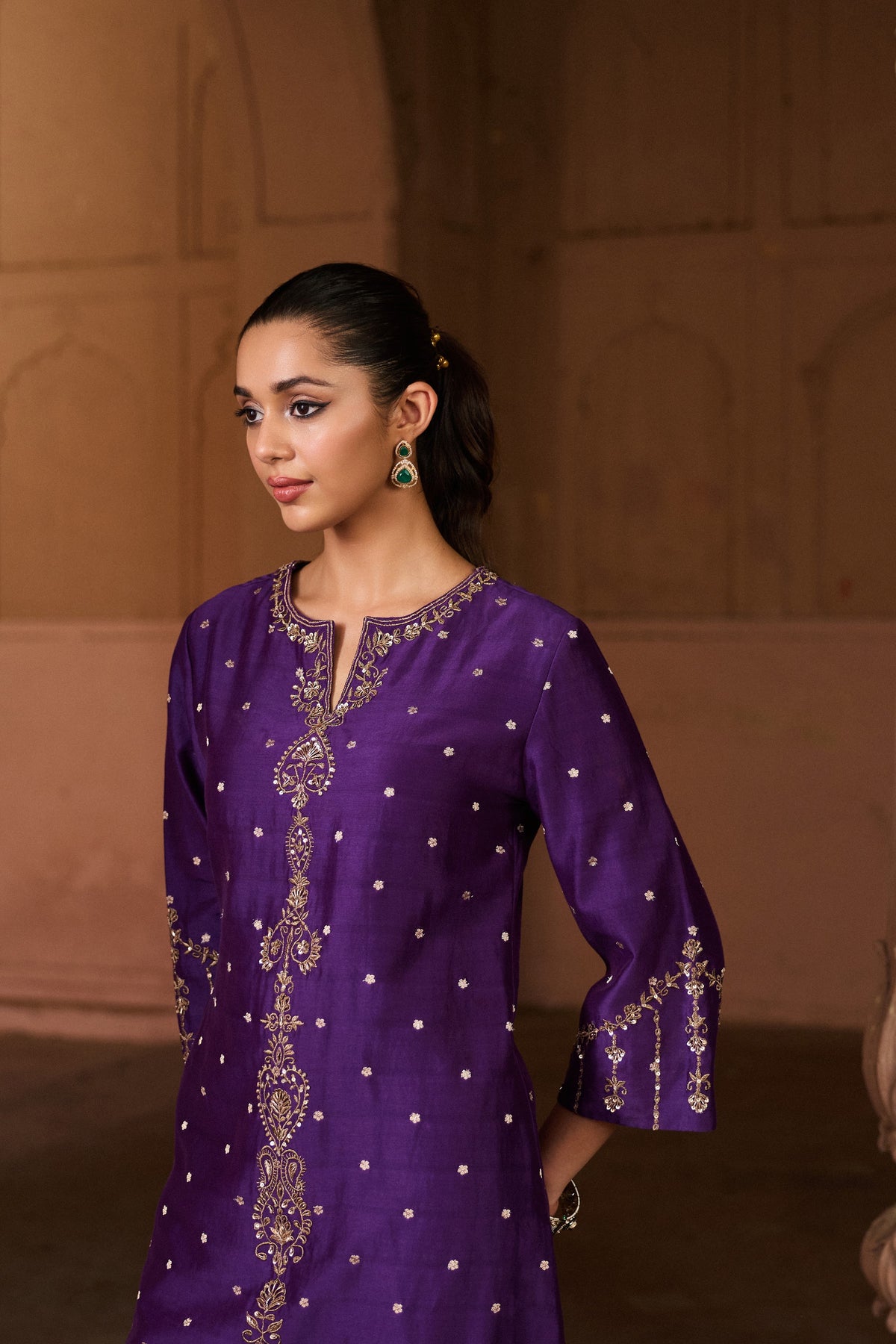 VEDA BANARASI CHANDERI JACQUARD HANDCRAFTED PURPLE STRAIGHT KURTA SET