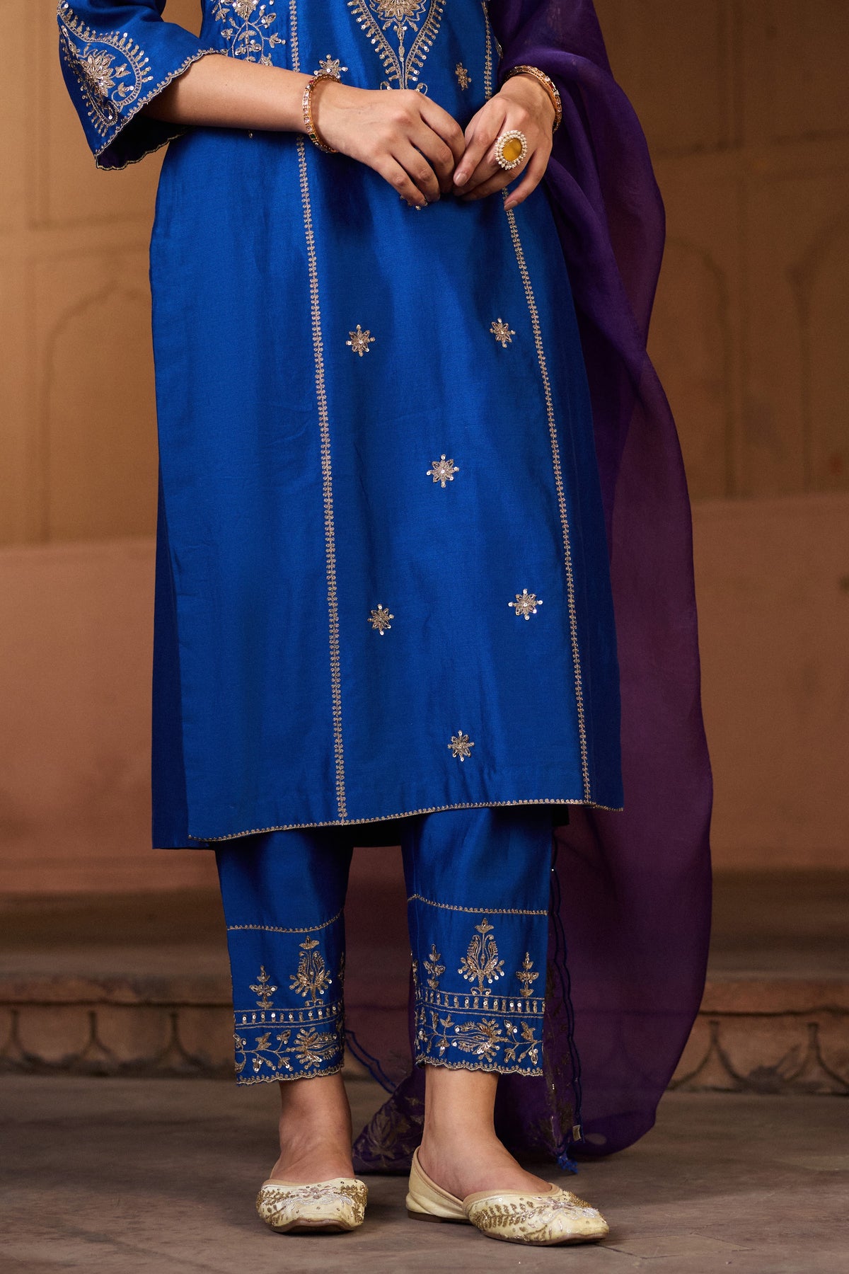 SHARVARI SILK CHANDERI HANDCRAFTED ROYAL BLUE STRAIGHT KURTA SET
