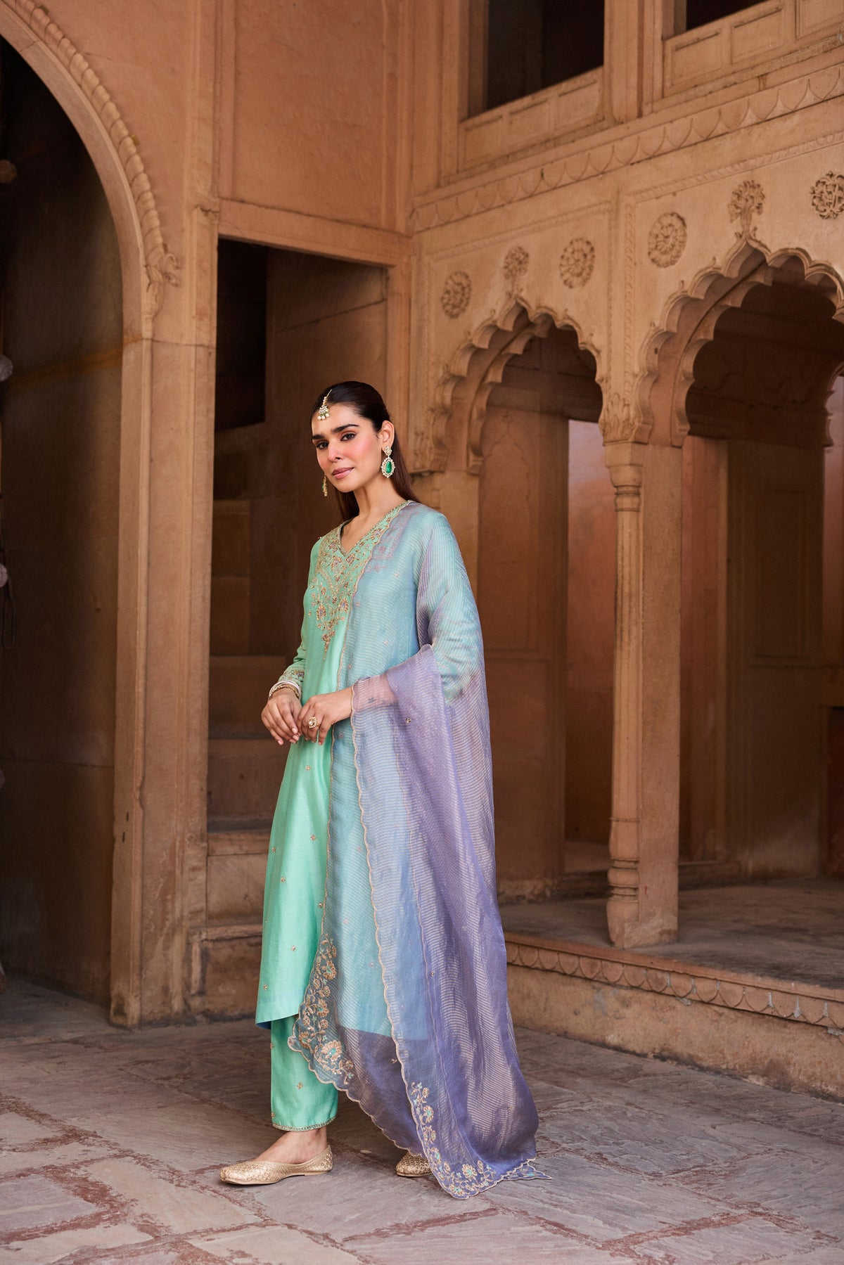 NANDINI SILK CHANDERI HANDCRAFTED TURQUOISE STRAIGHT KURTA SET