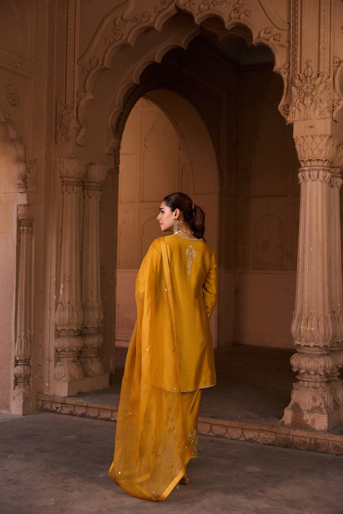 RAAGINI SILK CHANDERI HANDCRAFTED MUSTARD STRAIGHT KURTA SET