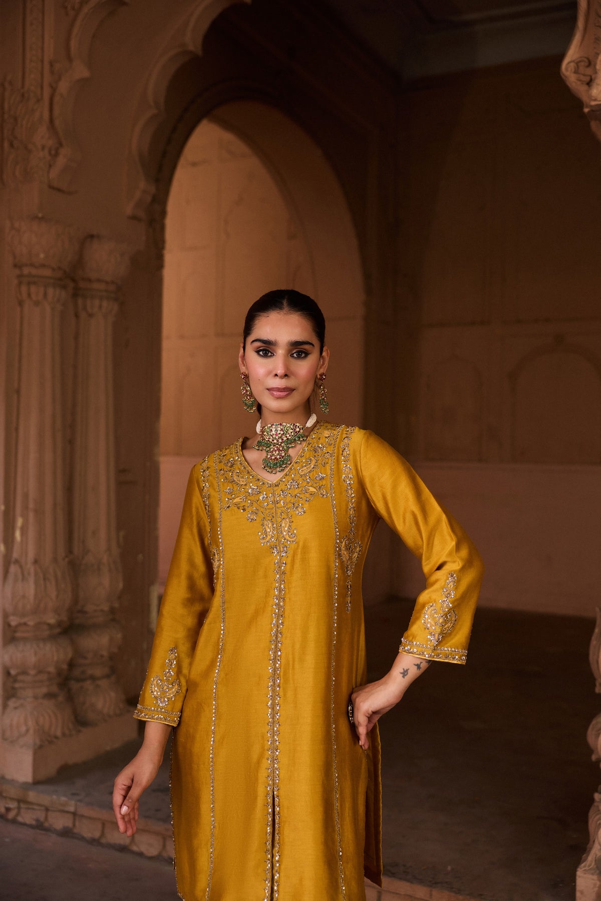 RAAGINI SILK CHANDERI HANDCRAFTED MUSTARD STRAIGHT KURTA SET