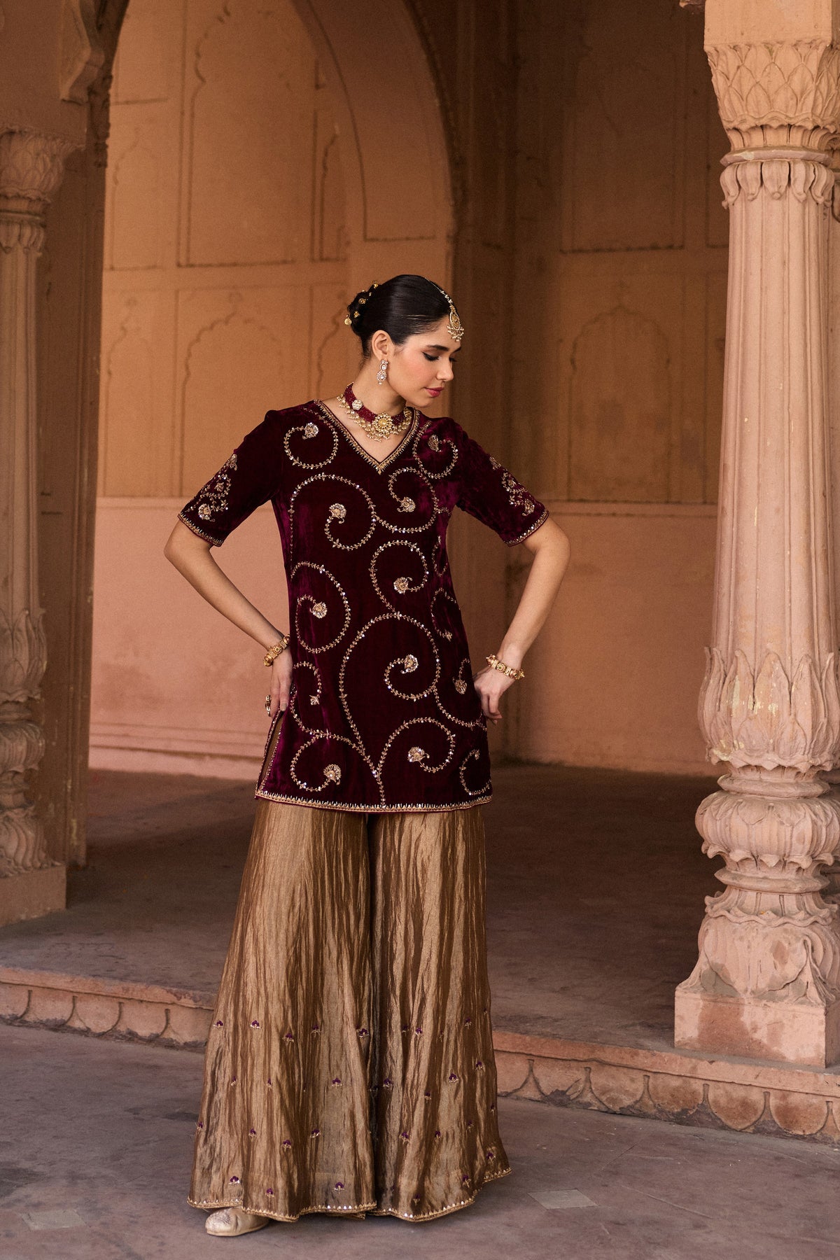 MALLIKA SILK VELVET HANDCRAFTED PLUM KURTA SET WITH SILK TISSUE GHARAR