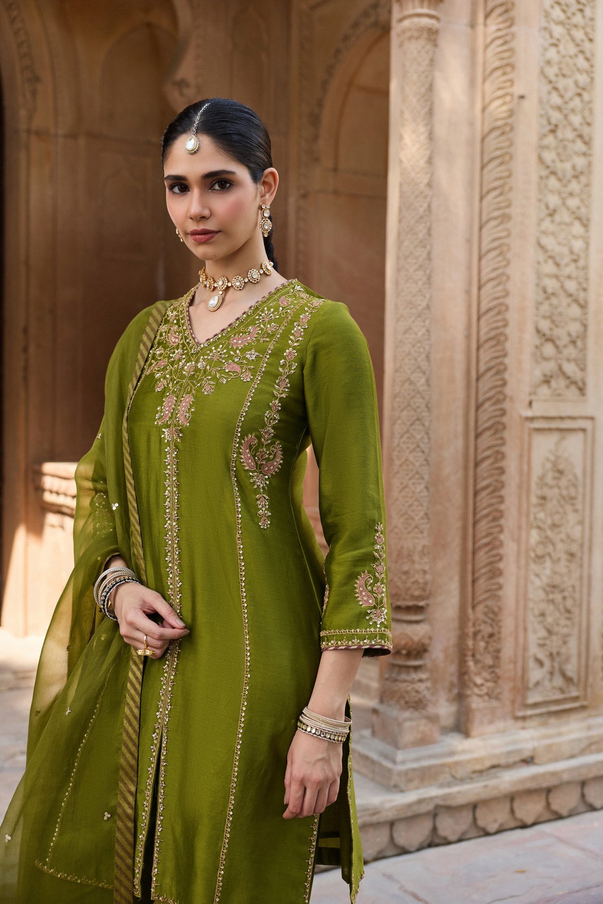 RAAGINI SILK CHANDERI HANDCRAFTED OLIVE GREEN STRAIGHT KURTA SET