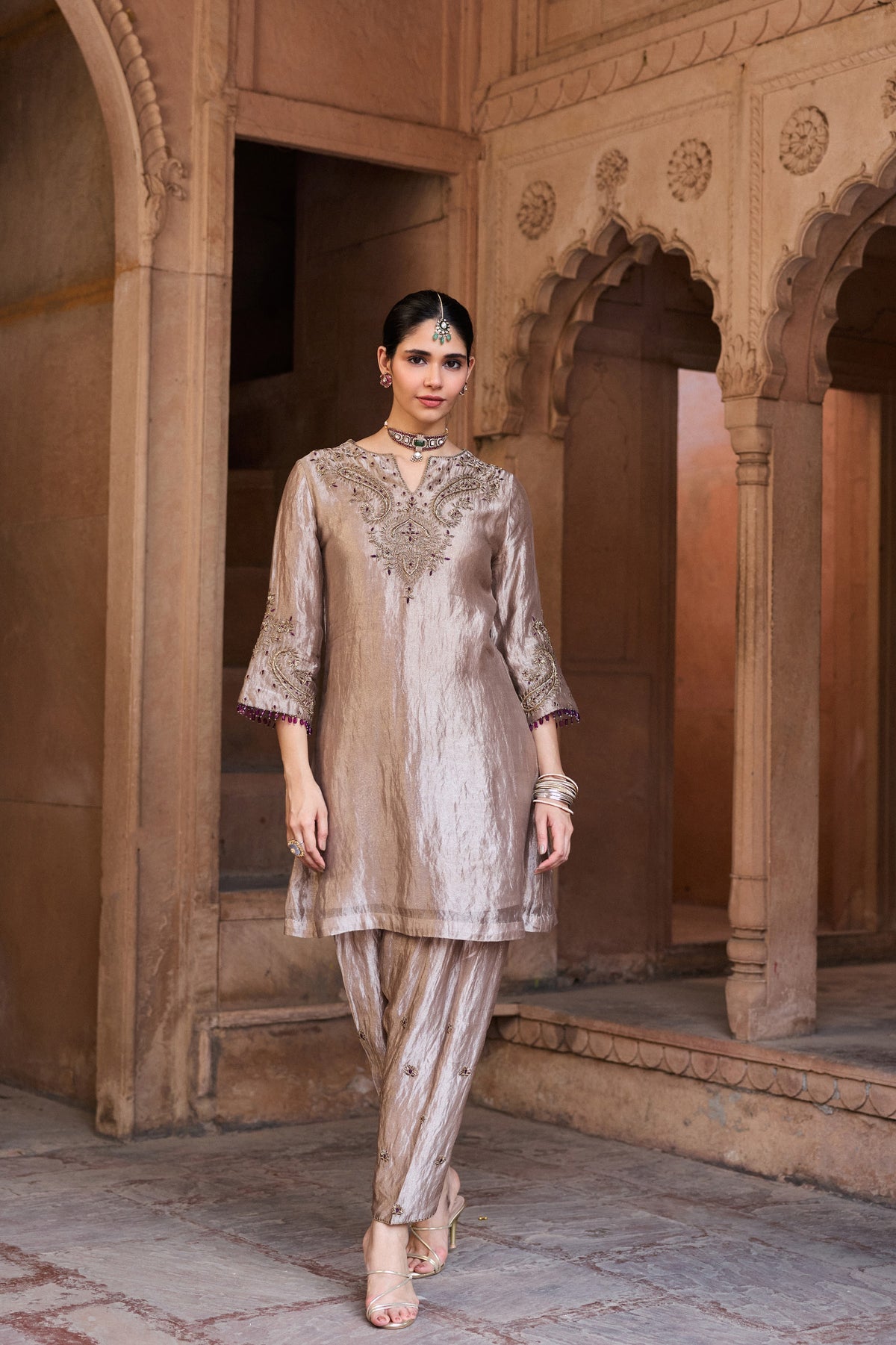 KHWAAB SILK TISSUE HANDCRAFTED SILVER A-LINE KURTA SET