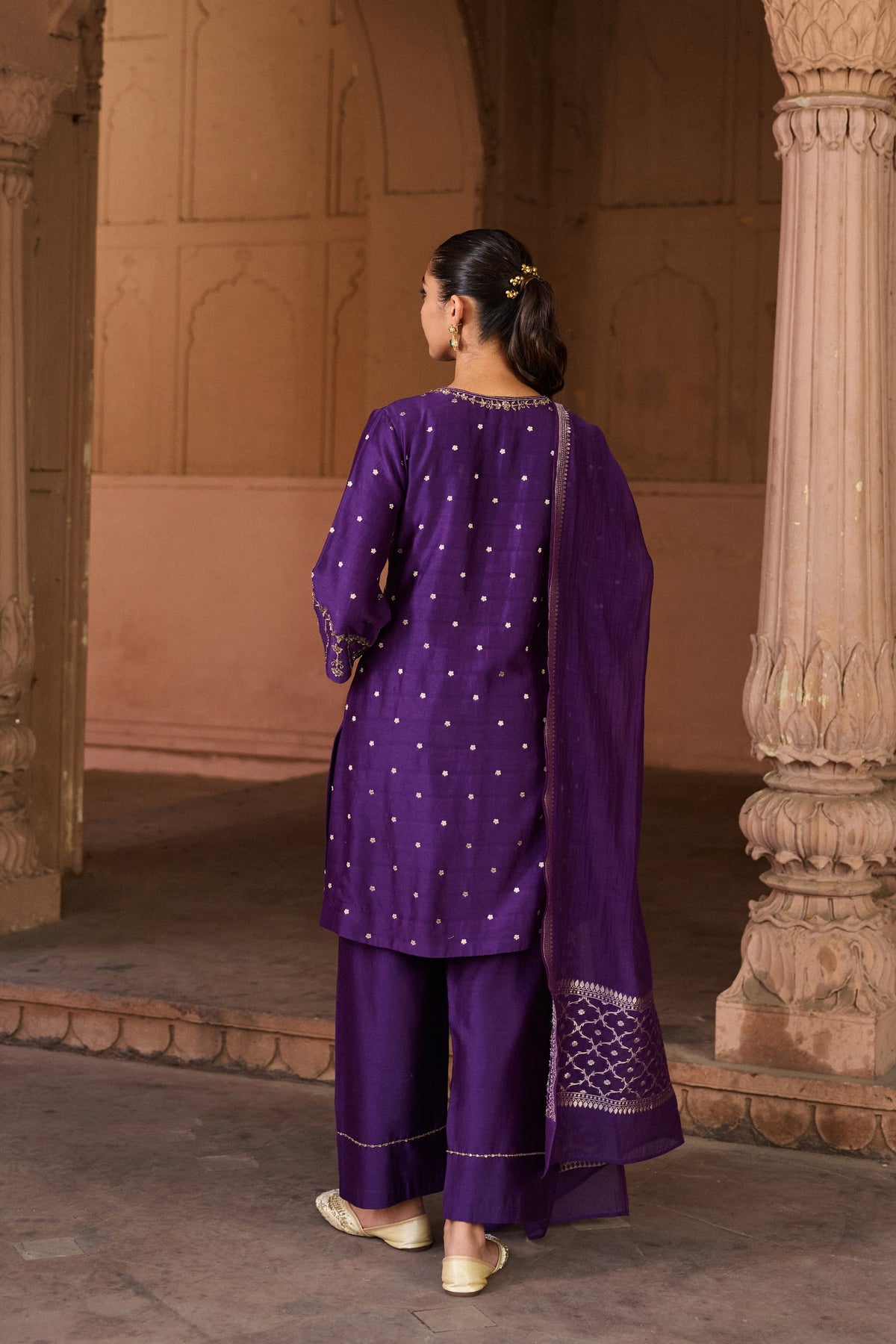 VEDA BANARASI CHANDERI JACQUARD HANDCRAFTED  PURPLE STRAIGHT KURTA SET