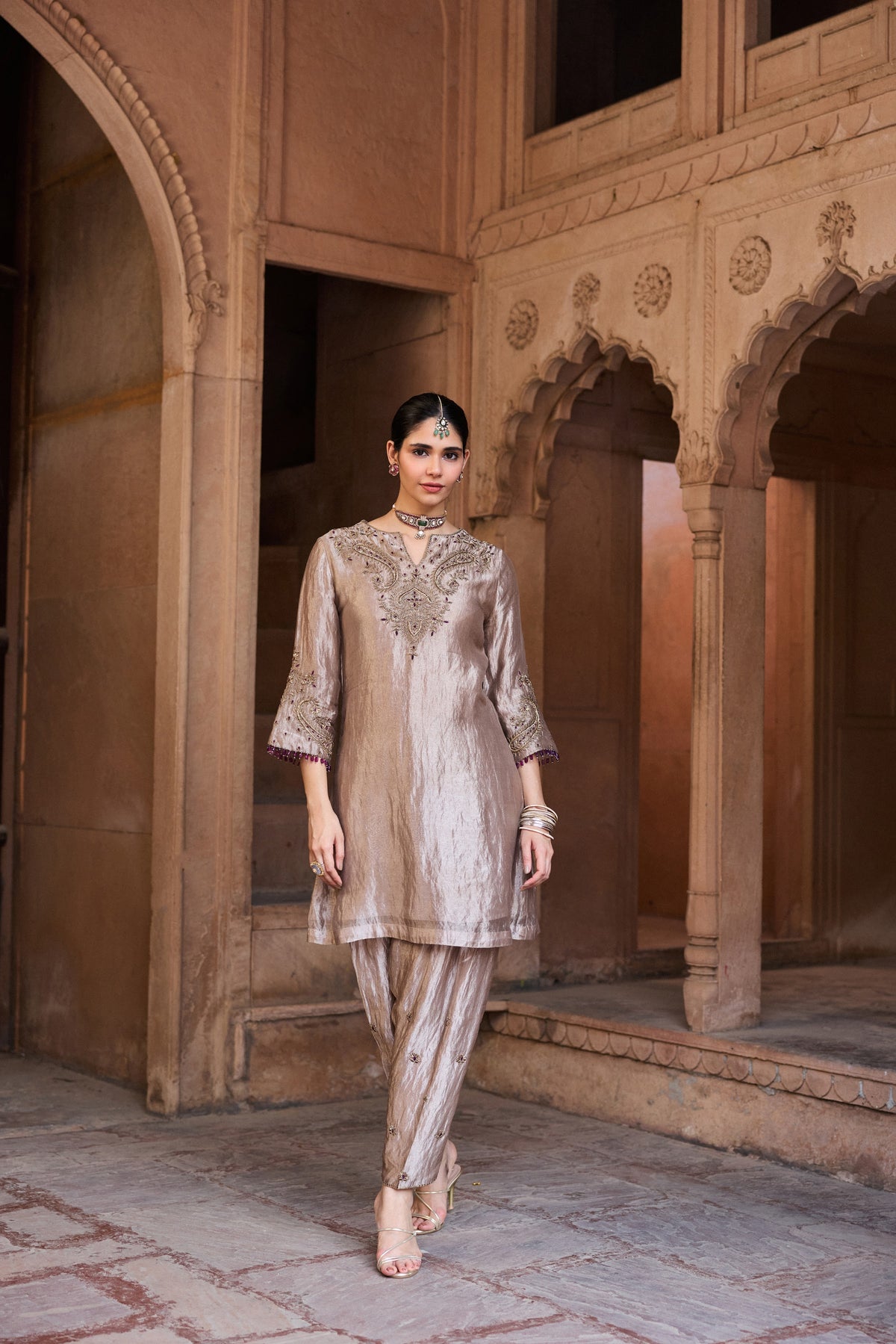 KHWAAB SILK TISSUE HANDCRAFTED SILVER A-LINE KURTA SET