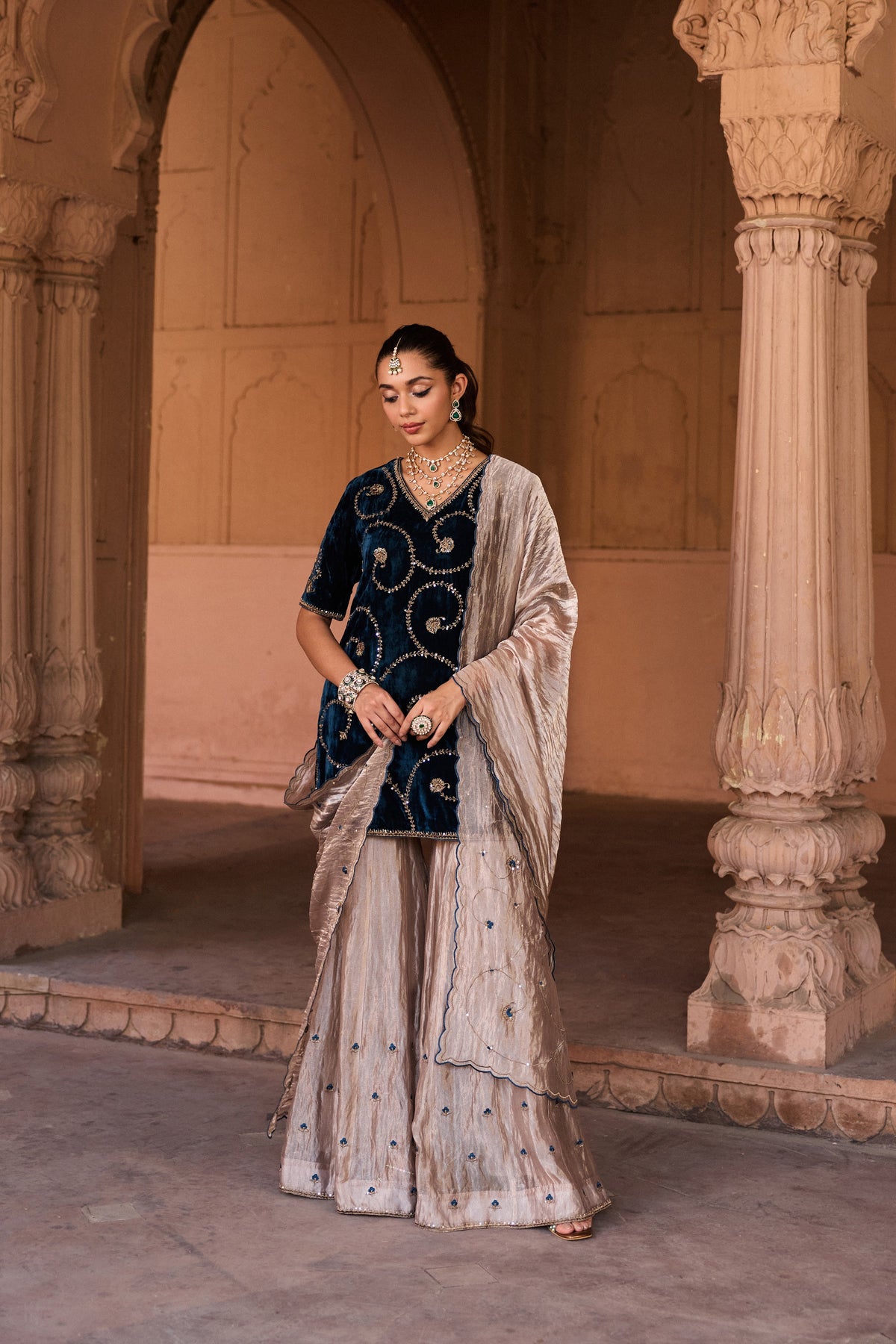 MALLIKA SILK VELVET HANDCRAFTED BLUE KURTA SET WITH SILK TISSUE GHARARA