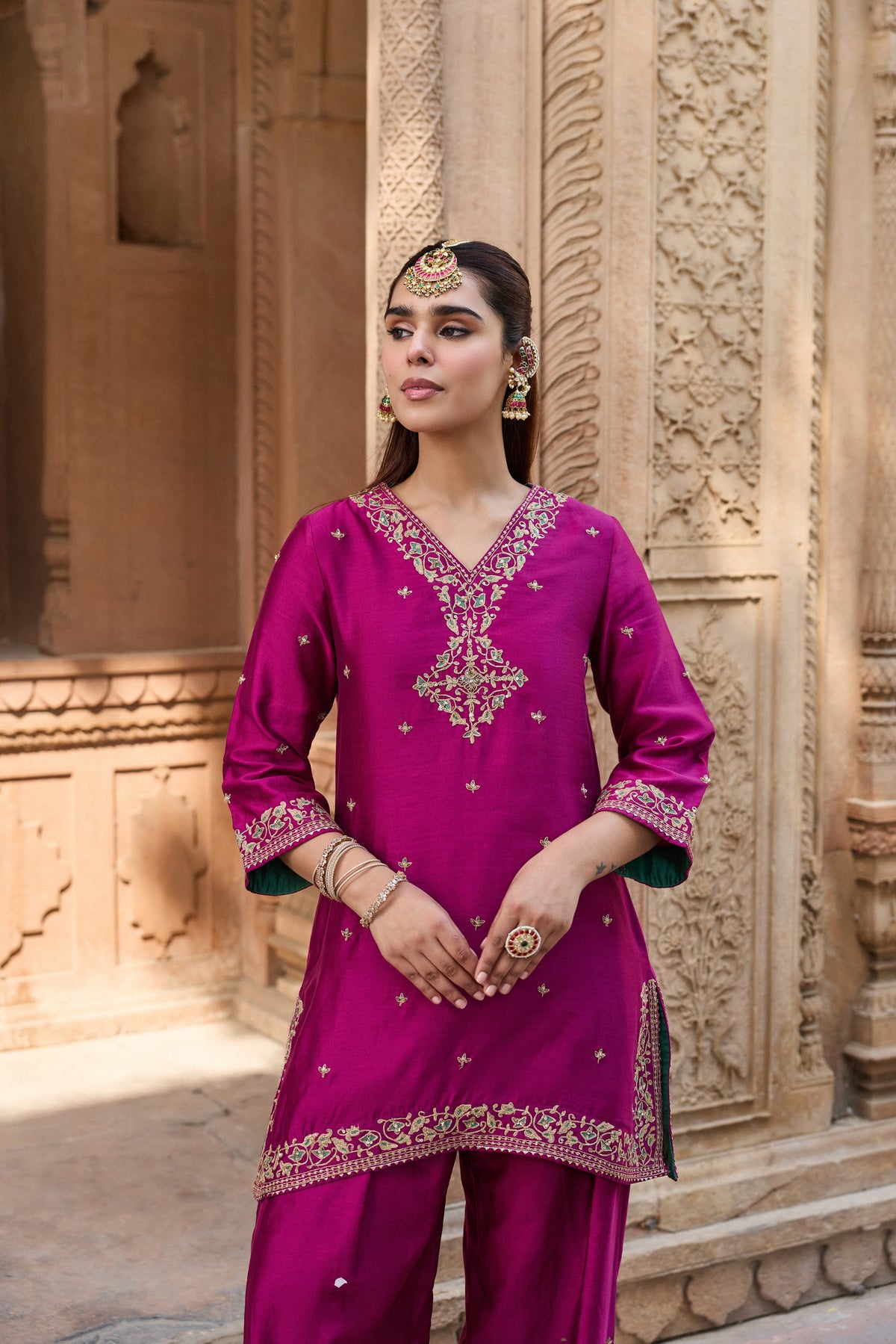 REET SILK CHANDERI HANDCRAFTED MAGENTA KURTA SET WITH FARSHI SALWAR