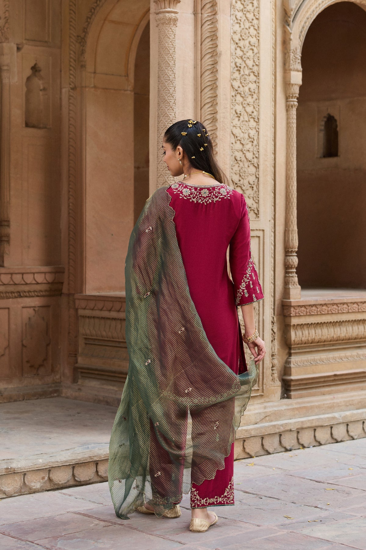 ASMI SILK CHANDERI HANDCRAFTED  RED STRAIGHT KURTA SET