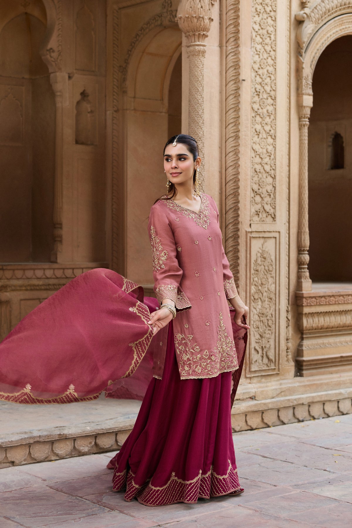 MASTANI PURE SILK HANDCRAFTED PINK KURTA SET WITH SHARARA