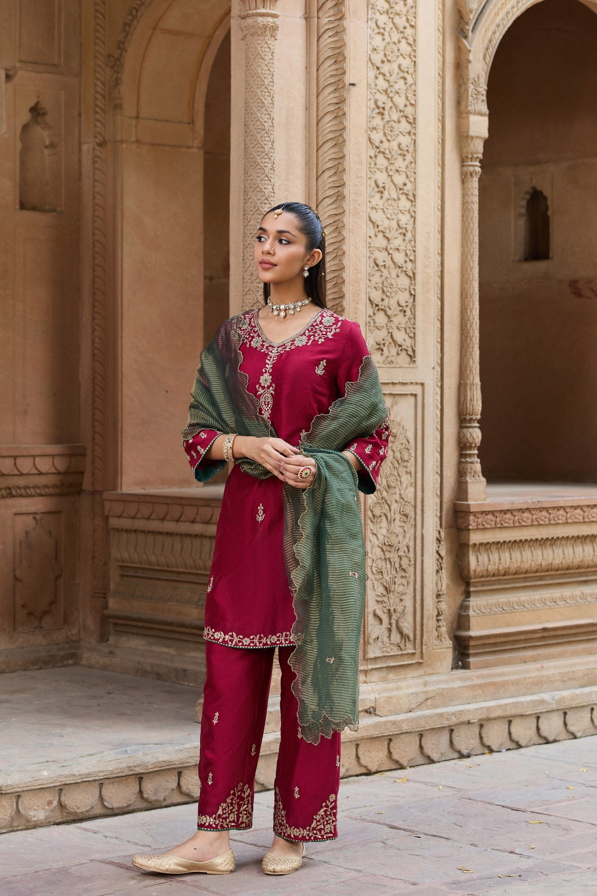 ASMI SILK CHANDERI HANDCRAFTED  RED STRAIGHT KURTA SET