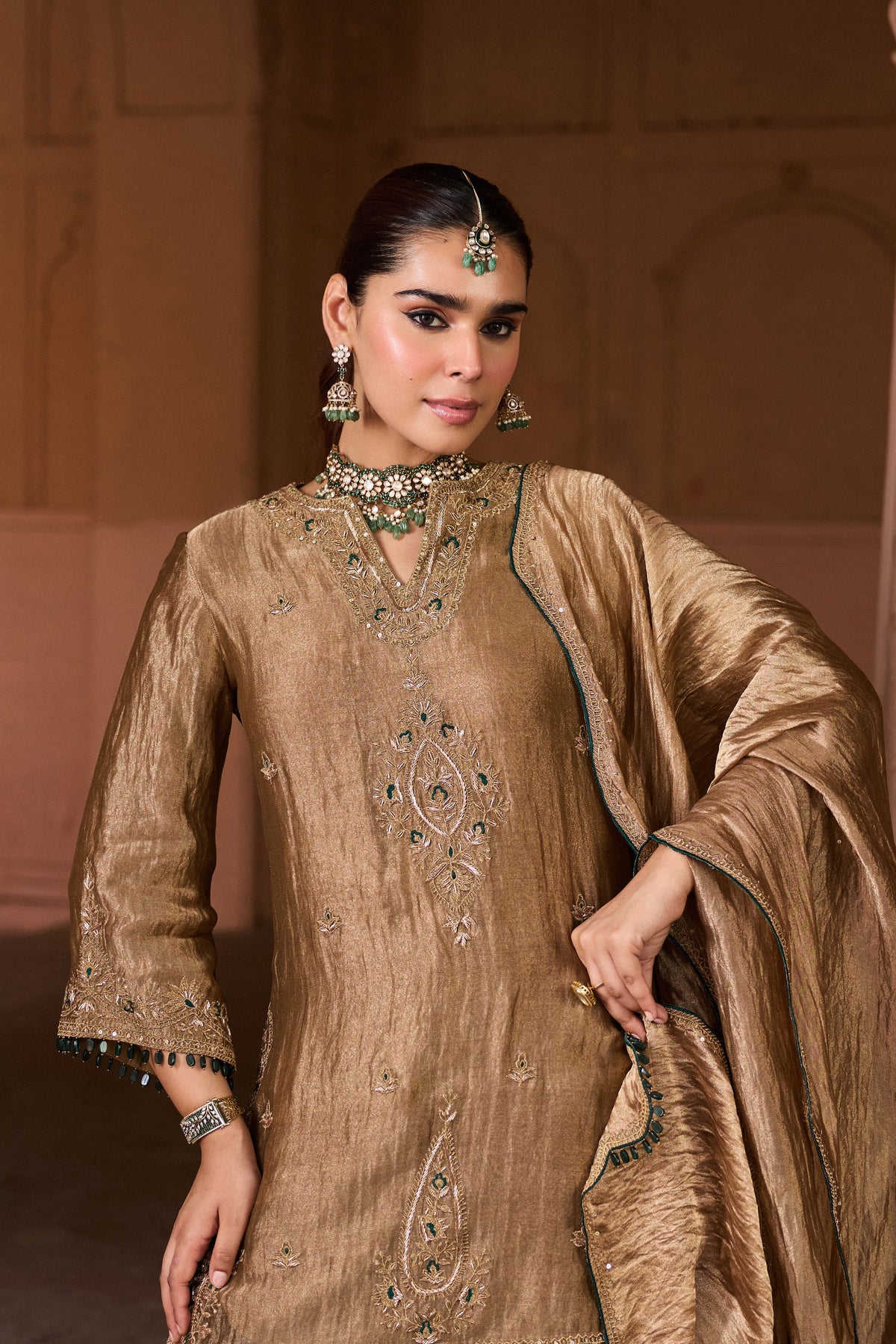 SHABANA SILK TISSUE HANDCRAFTED GOLD KURTA SET WITH SHARARA