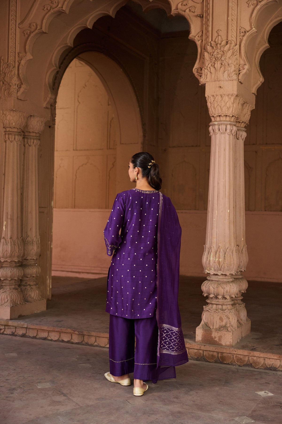 VEDA BANARASI CHANDERI JACQUARD HANDCRAFTED PURPLE STRAIGHT KURTA SET