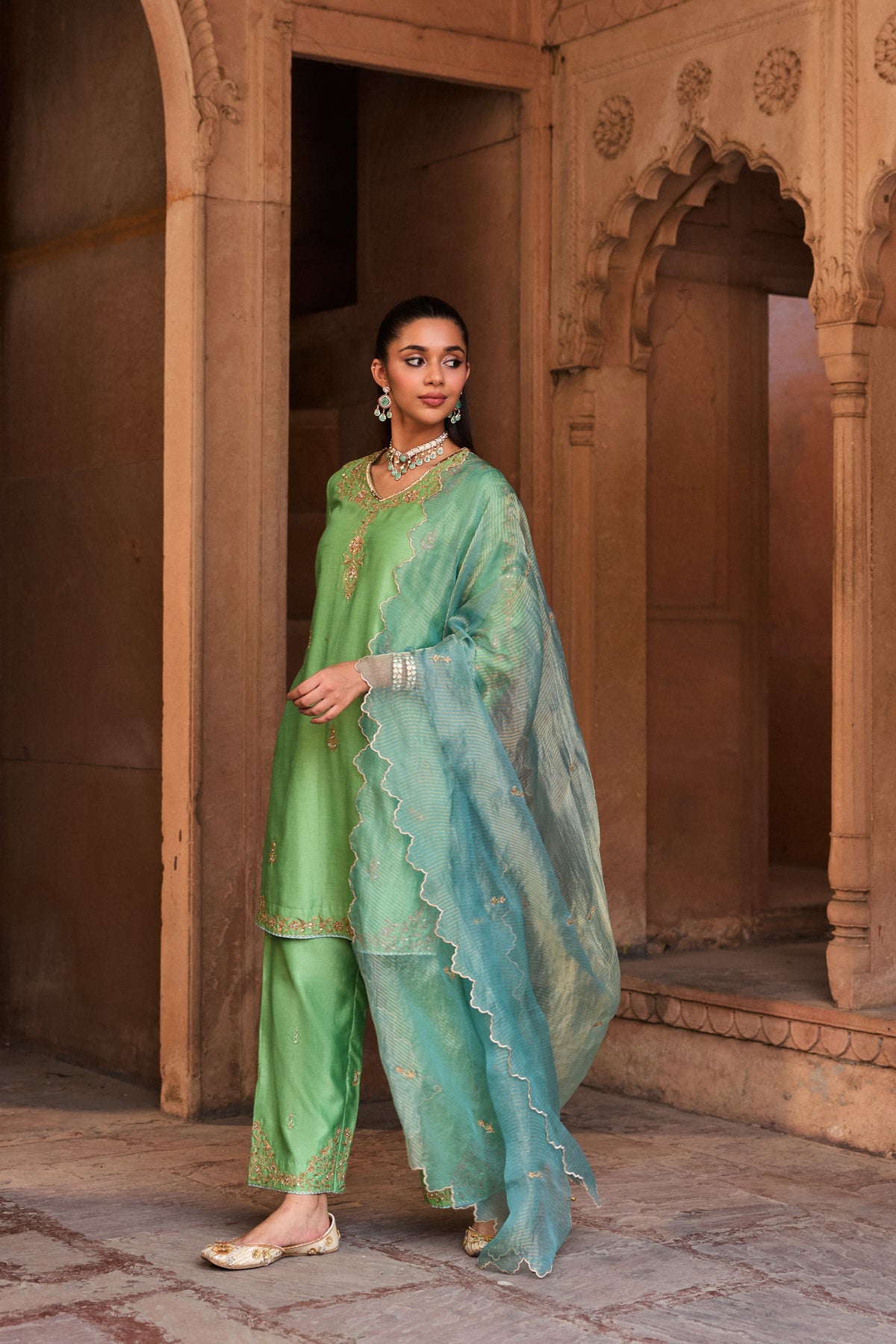 ASMI SILK CHANDERI HANDCRAFTED GREEN STRAIGHT KURTA SET
