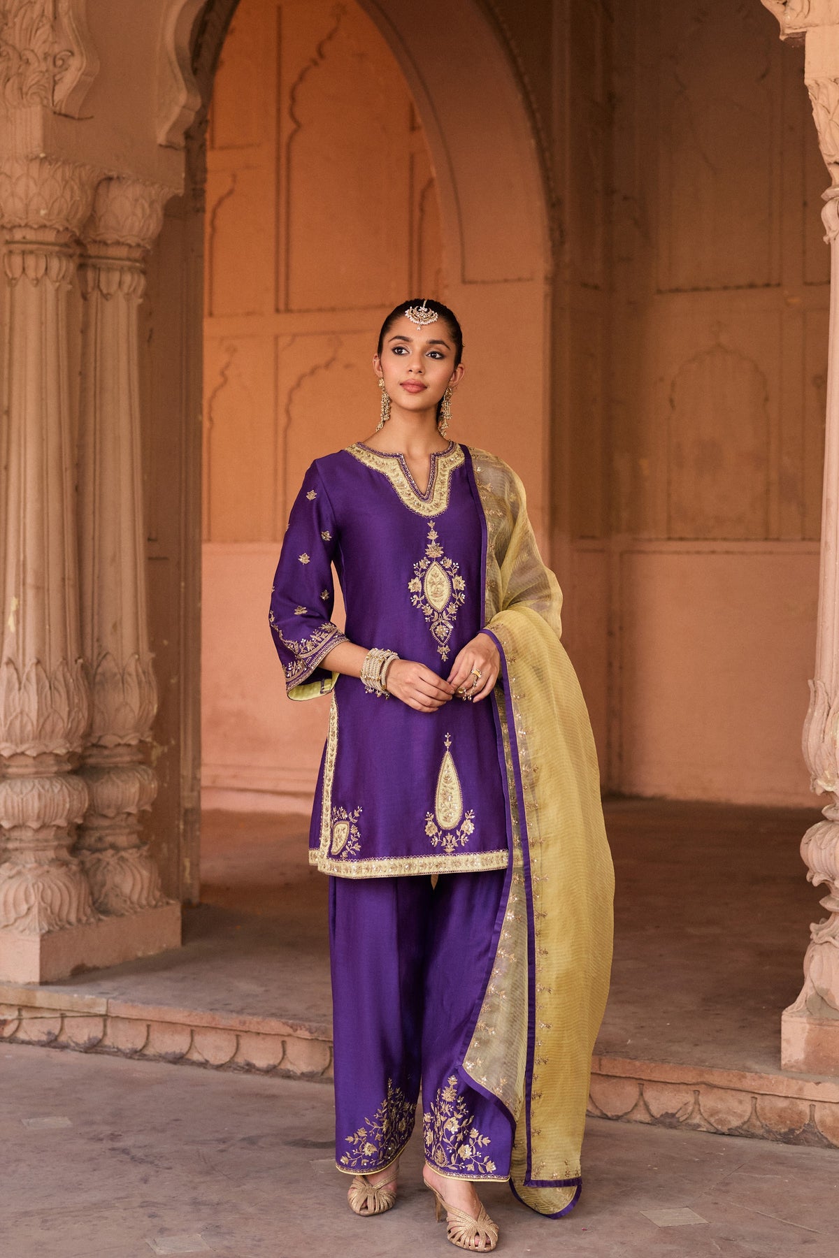 SHAHEEN SILK CHANDERI HANDCRAFTED PURPLE KURTA SET WITH FARSHI SALWAR