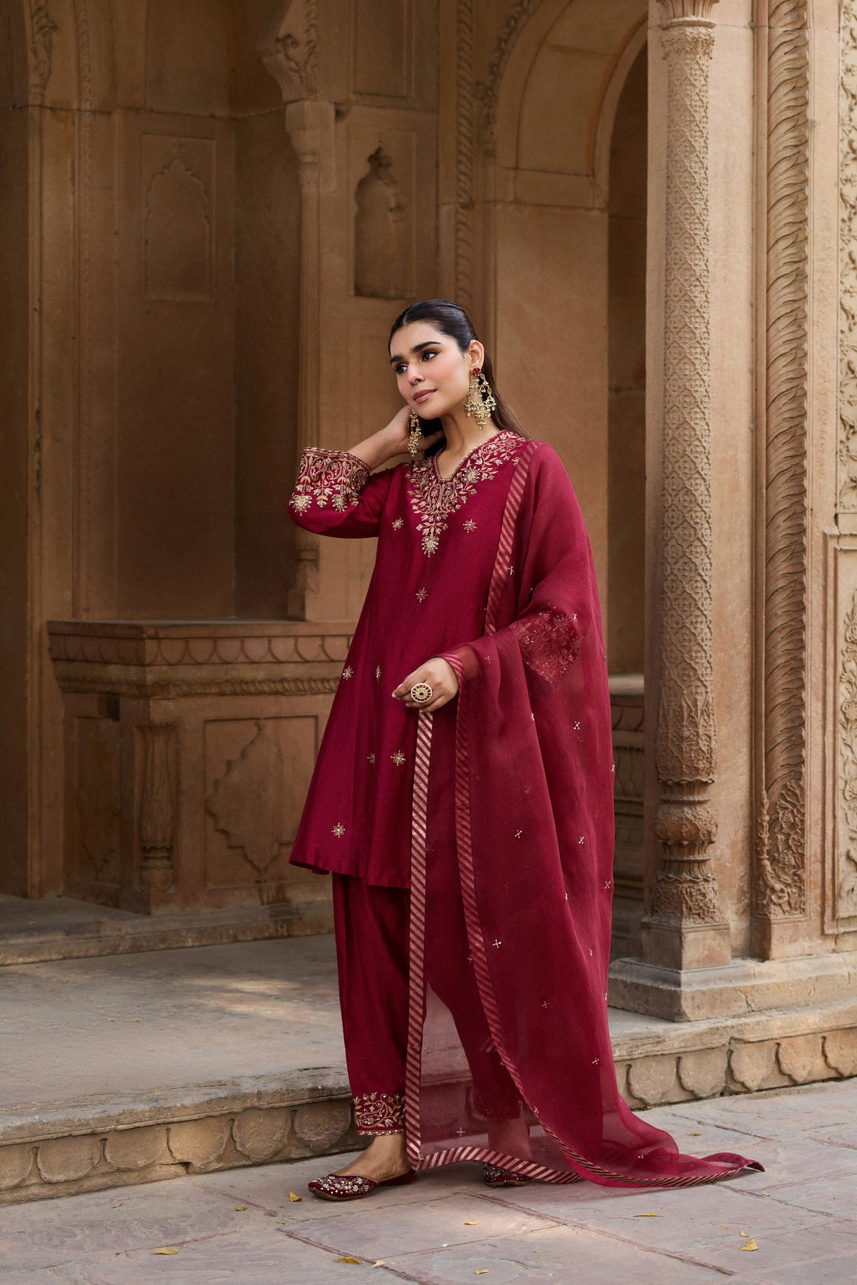 RAINA SILK CHANDERI HANDCRAFTED RED CHOGA SET