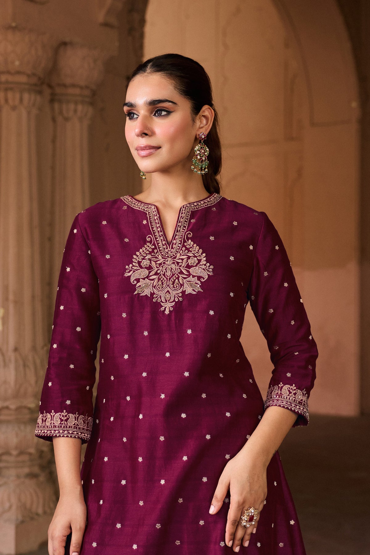 GAUHAR BANARASI SILK CHANDERI JACQUARD HANDCRAFTED MAROON A-LINE KURTA SET