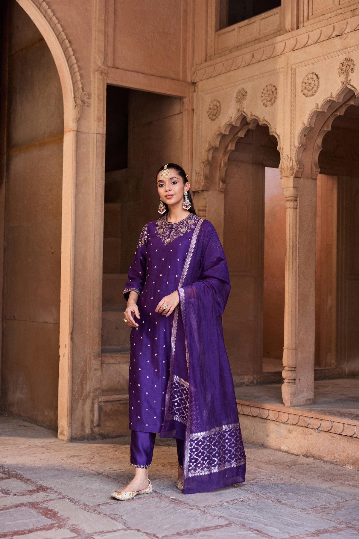 RUKMINI BANARASI CHANDERI JACQUARD HANDCRAFTED PURPLE STRAIGHT KURTA SET