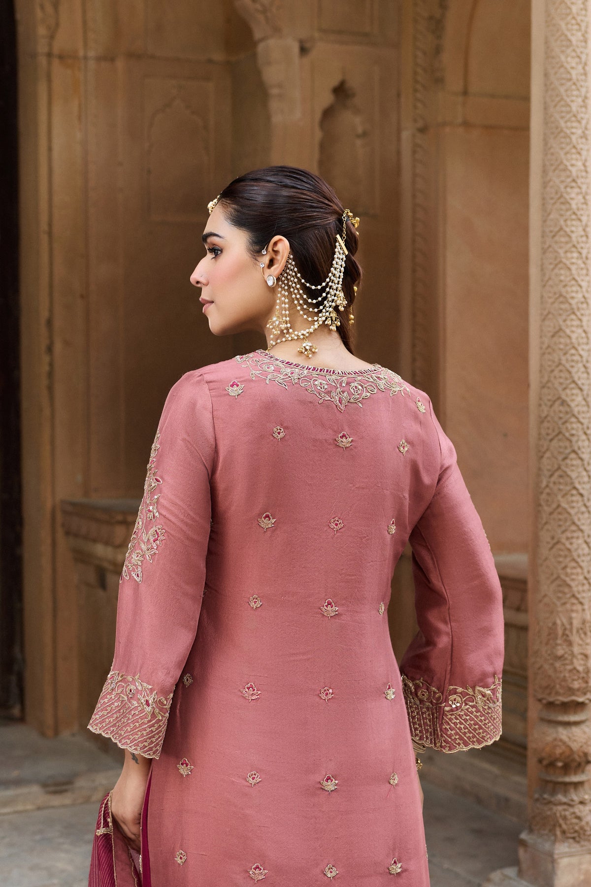 MASTANI PURE DUPION SILK HANDCRAFTED PINK KURTA SET WITH SHARARA