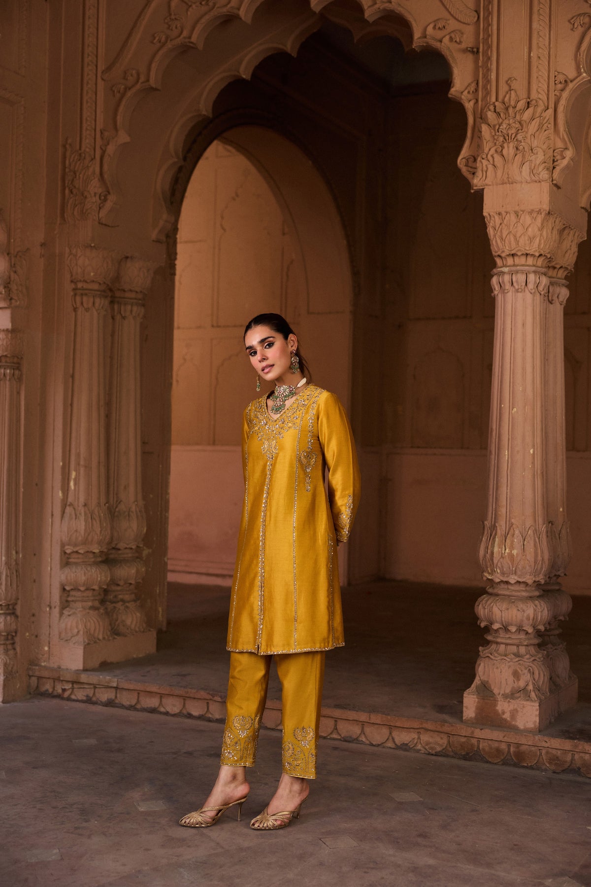 RAAGINI SILK CHANDERI HANDCRAFTED MUSTARD STRAIGHT KURTA SET