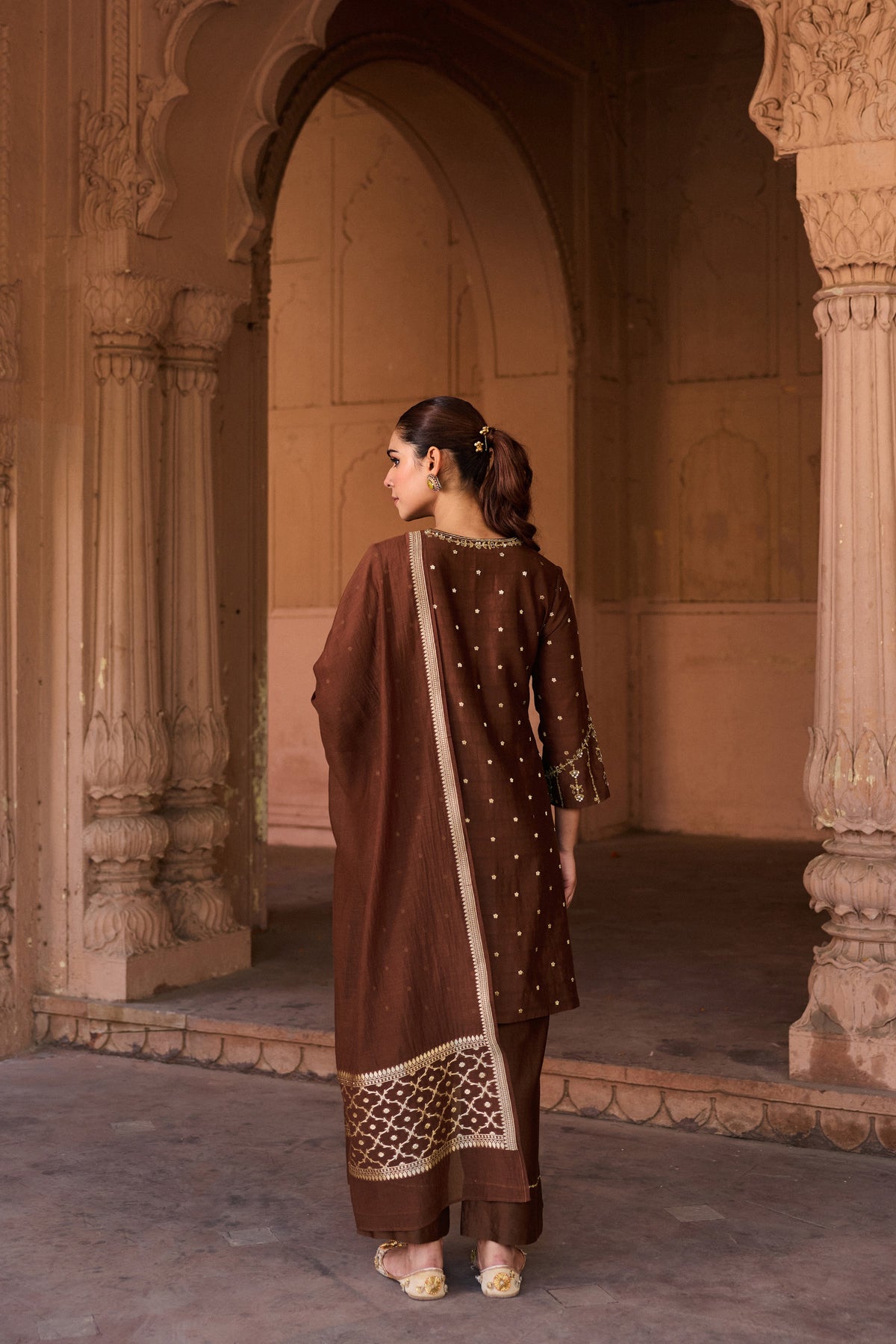 VEDA BANARASI CHANDERI JACQUARD HANDCRAFTED MOCHA MOUSSE STRAIGHT KURTA SET