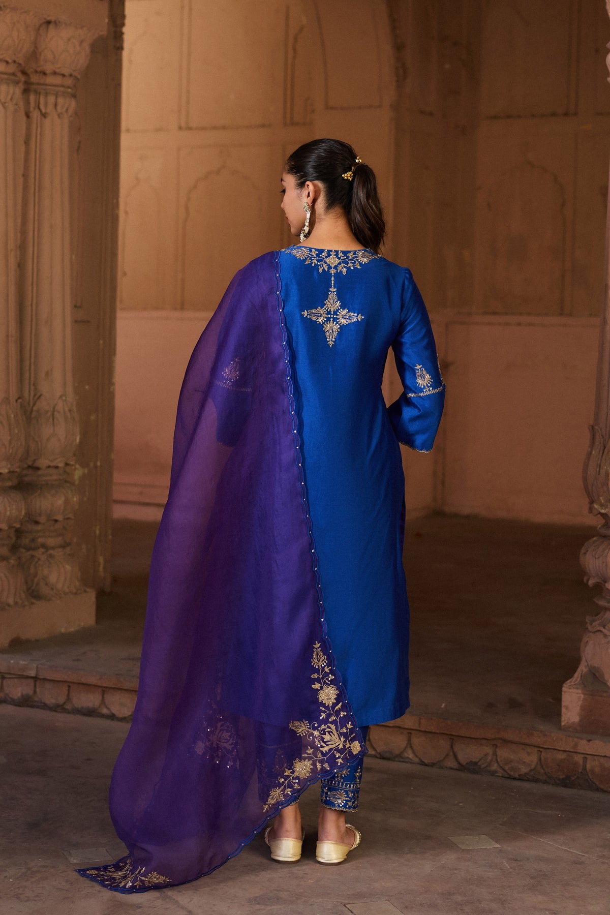 SHARVARI SILK CHANDERI HANDCRAFTED ROYAL BLUE STRAIGHT KURTA SET