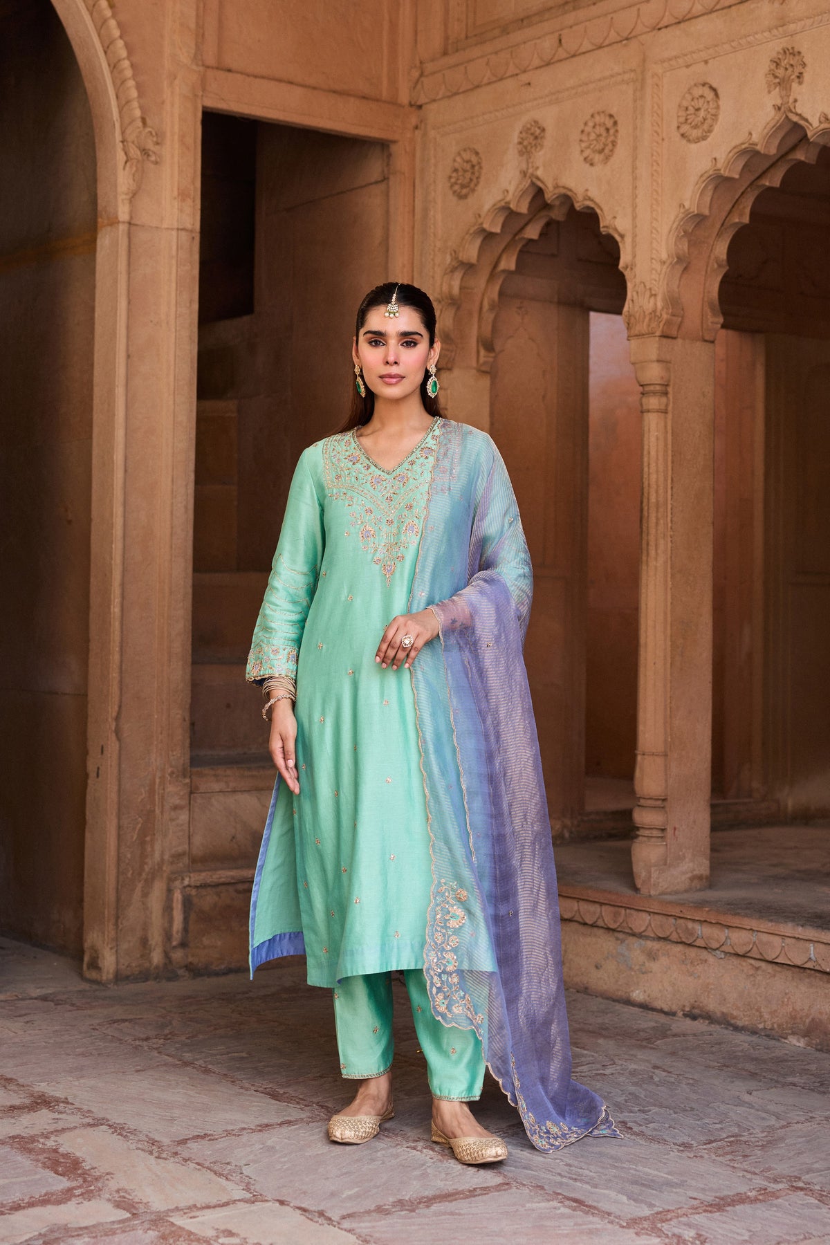 NANDINI SILK CHANDERI HANDCRAFTED TURQUOISE  STRAIGHT KURTA SET