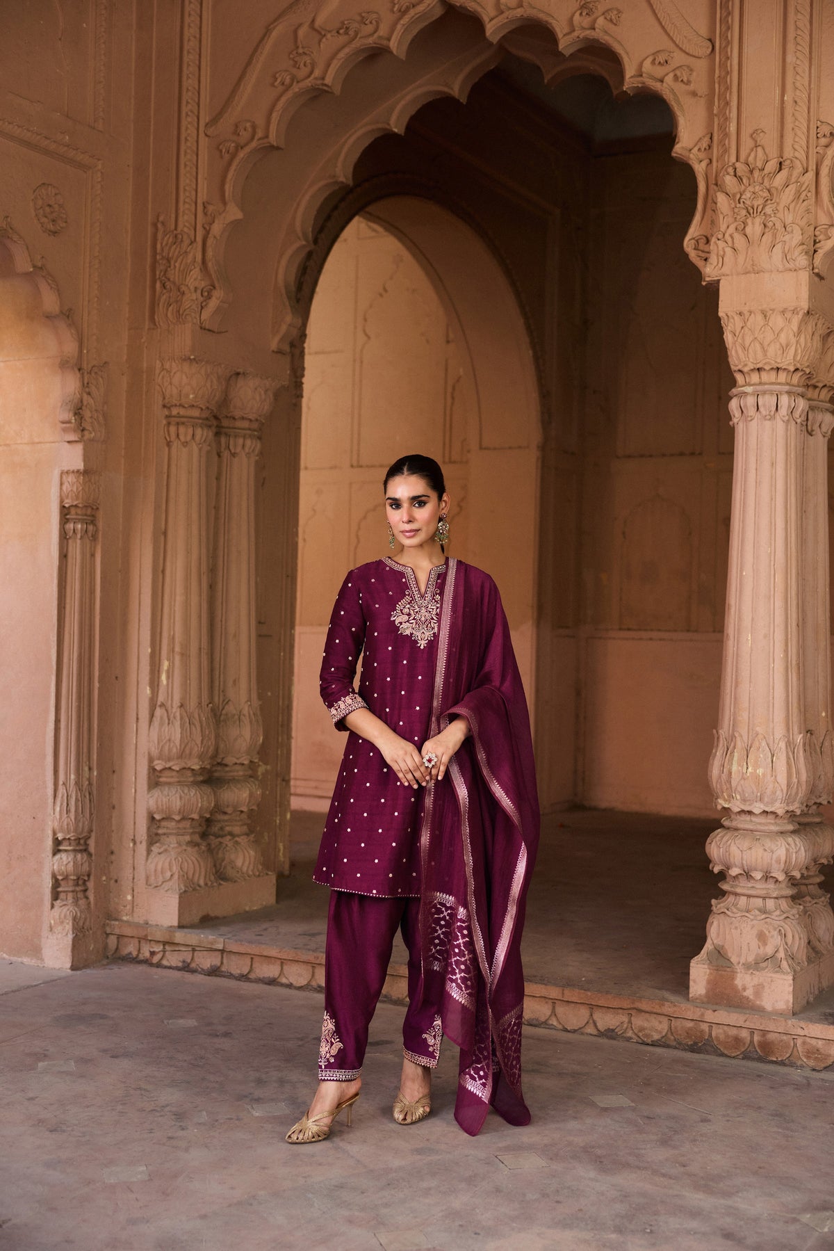 GAUHAR BANARASI SILK CHANDERI JACQUARD HANDCRAFTED MAROON A-LINE KURTA SET
