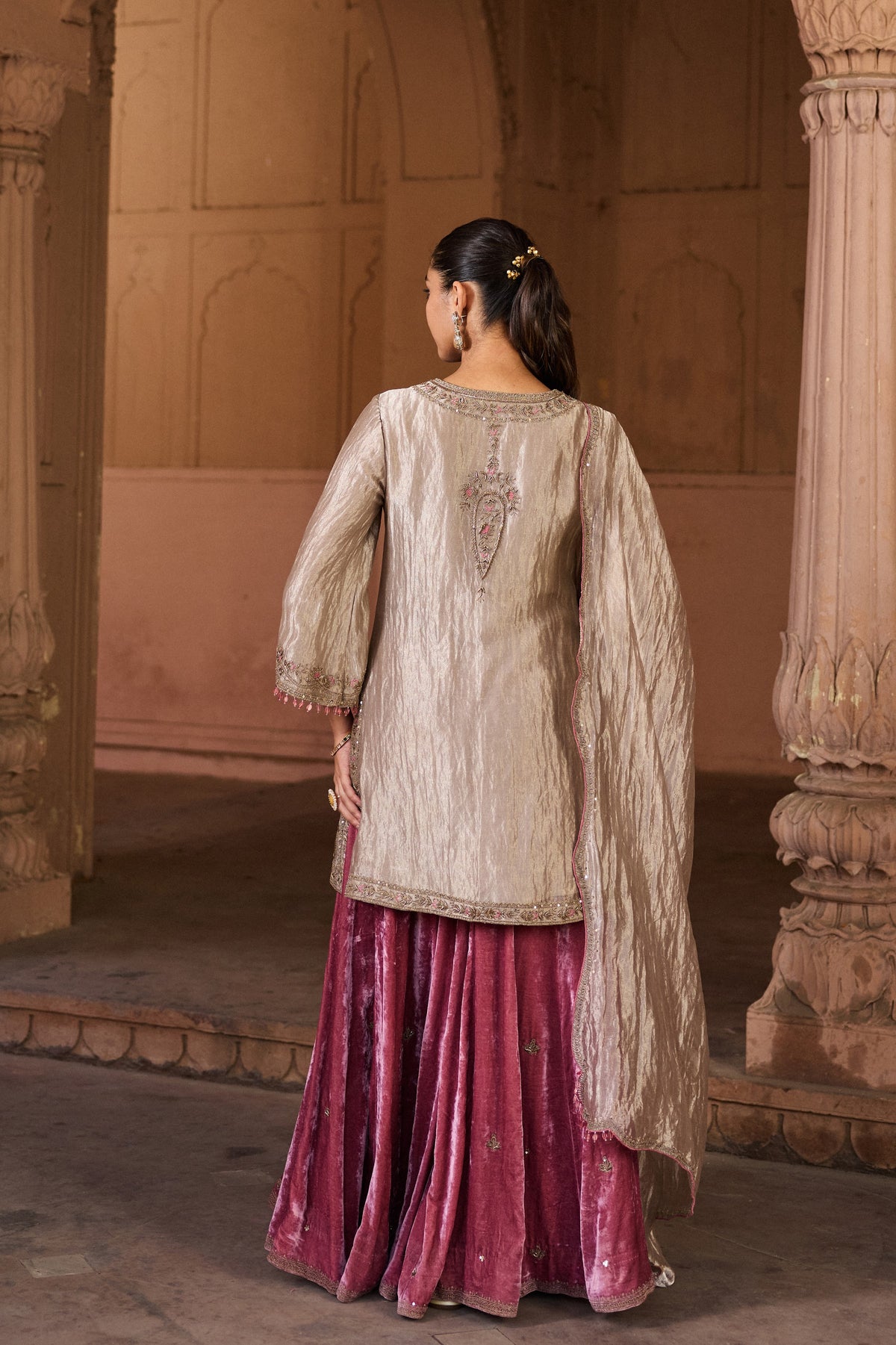 SHABANA SILK TISSUE HANDCRAFTED SILVER KURTA SET WITH SHARARA